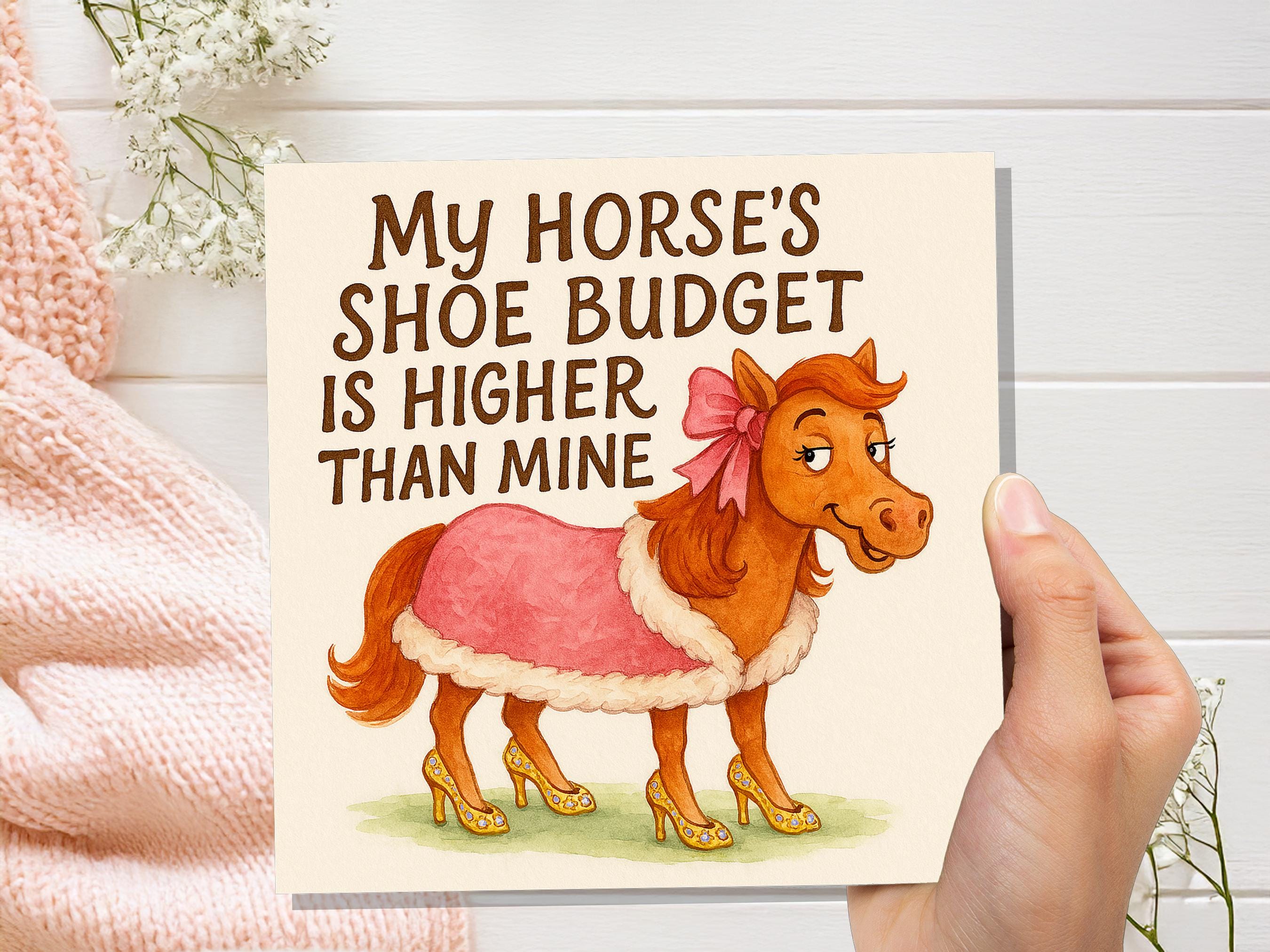Funny Horse Birthday Card - My Horse's Shoe Budget Is Higher Than Mine - Equestrian Shoes Quote Card For Horse Lover Her Humorous Rider Gift - View 2
