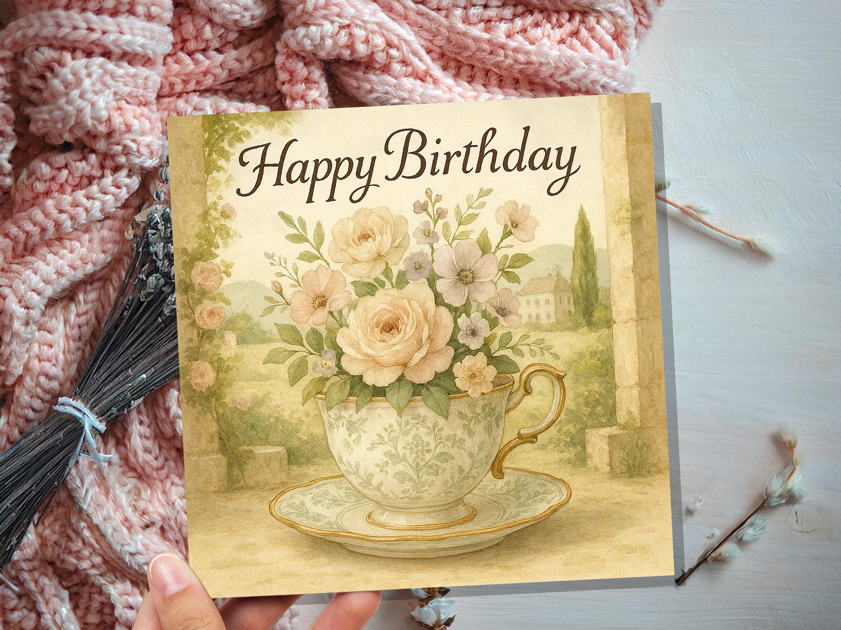 Chateaucore Birthday Card, Vintage Teacup Floral Roses, Cottagecore, Watercolour Flowers, Garden Tea Party Elegant Pretty Gift Friend Mum UK - View 6