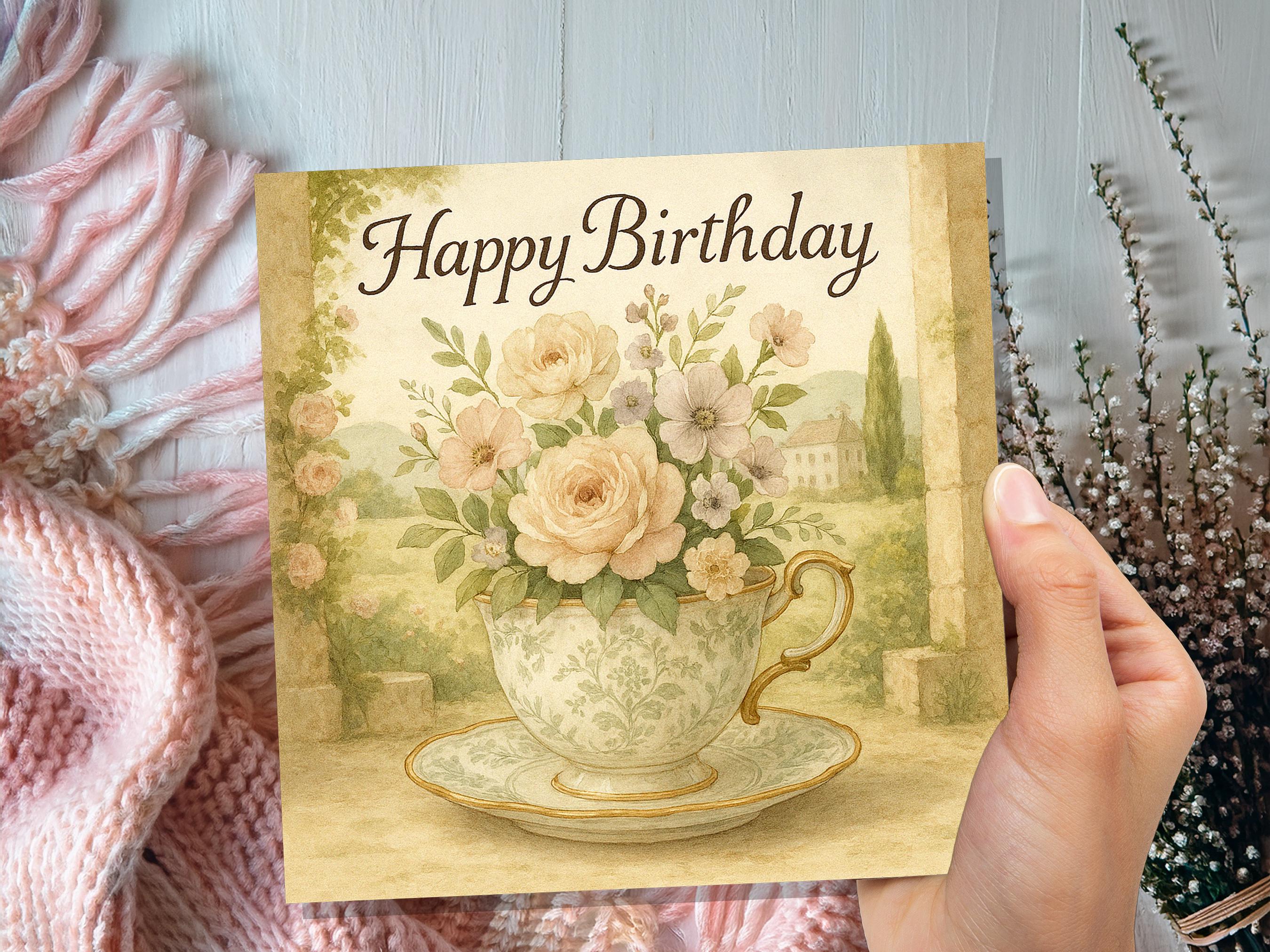 Chateaucore Birthday Card, Vintage Teacup Floral Roses, Cottagecore, Watercolour Flowers, Garden Tea Party Elegant Pretty Gift Friend Mum UK - View 8