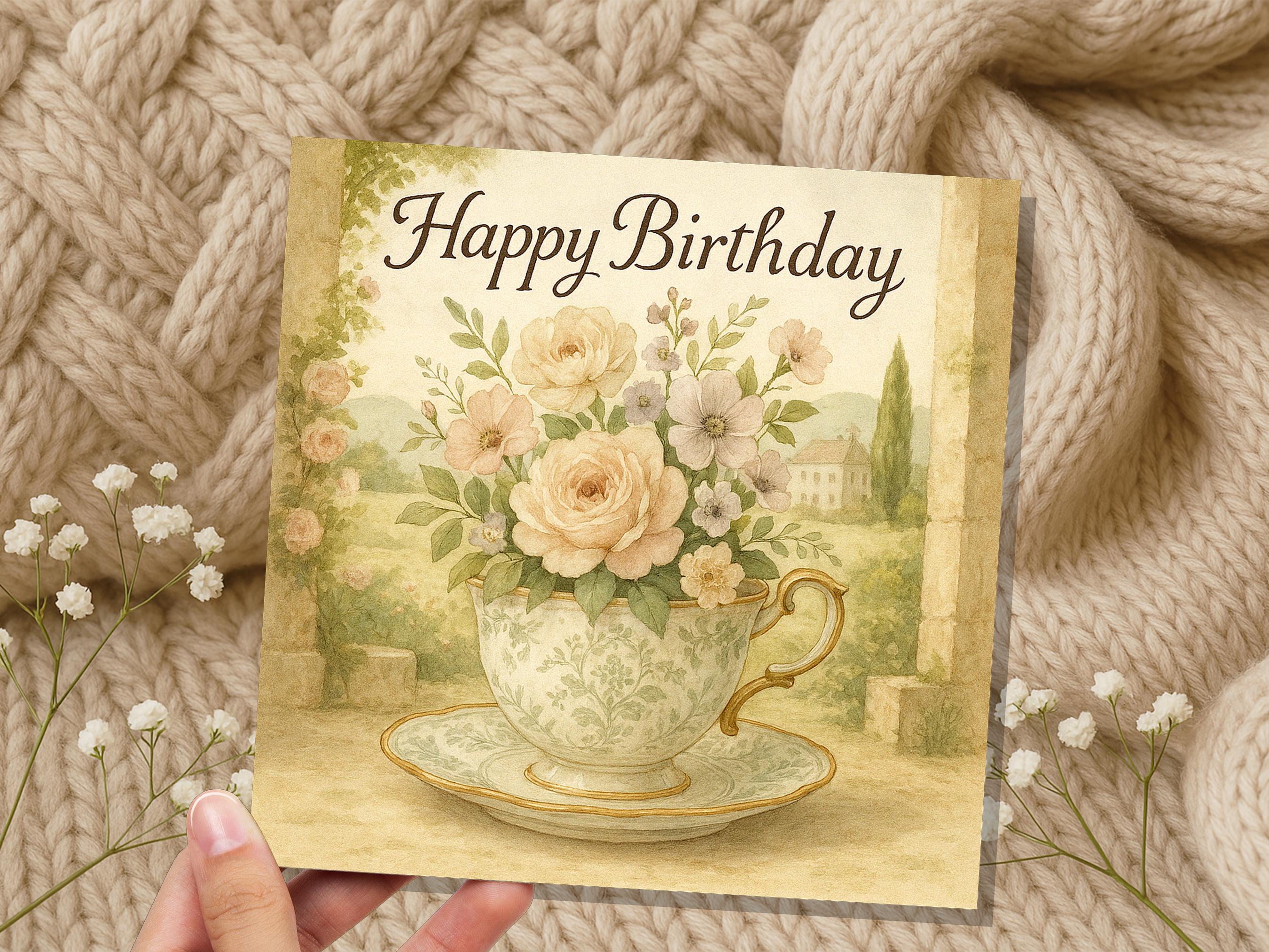 Chateaucore Birthday Card, Vintage Teacup Floral Roses, Cottagecore, Watercolour Flowers, Garden Tea Party Elegant Pretty Gift Friend Mum UK - View 5