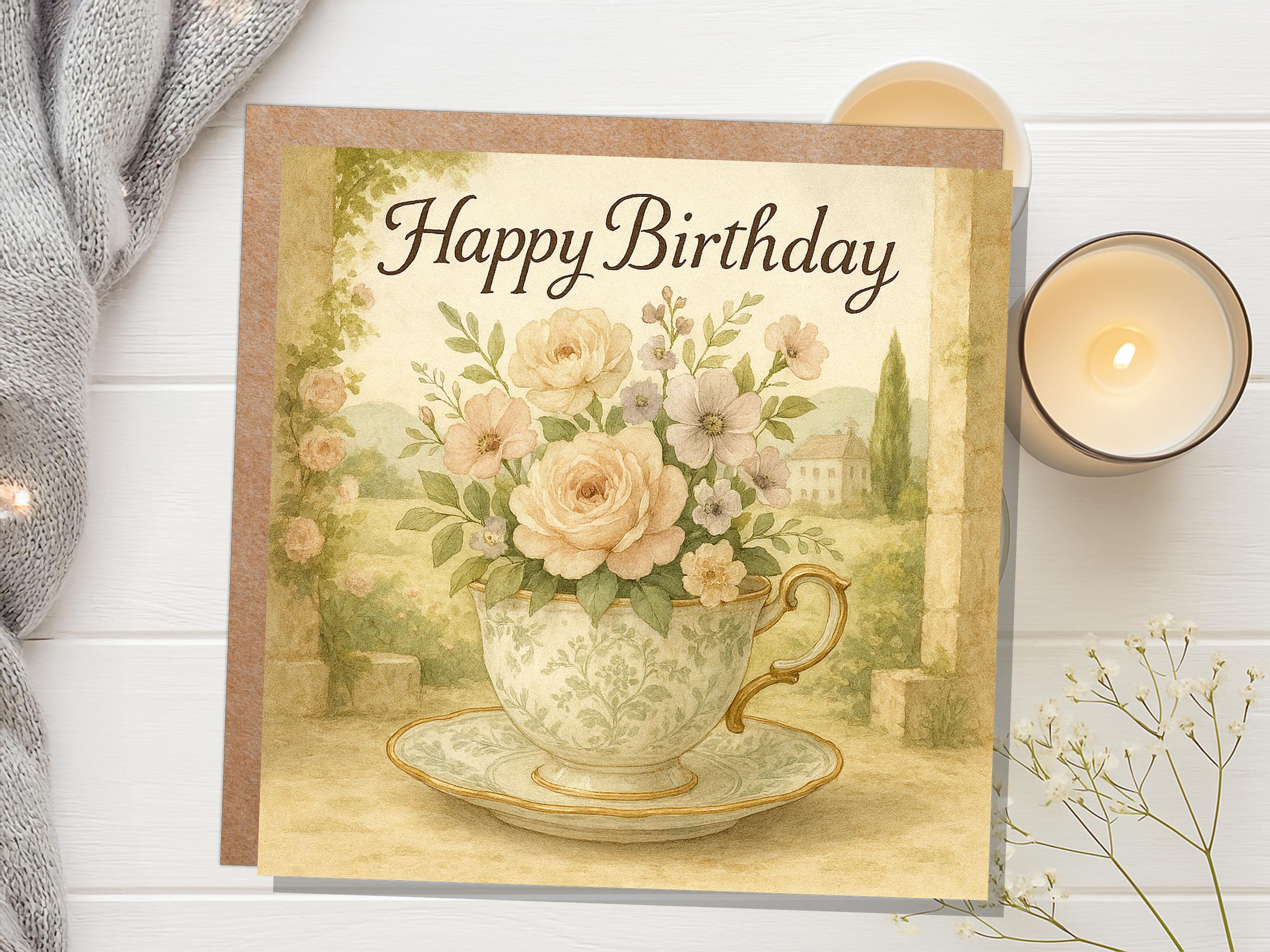 Chateaucore Birthday Card, Vintage Teacup Floral Roses, Cottagecore, Watercolour Flowers, Garden Tea Party Elegant Pretty Gift Friend Mum UK - View 4