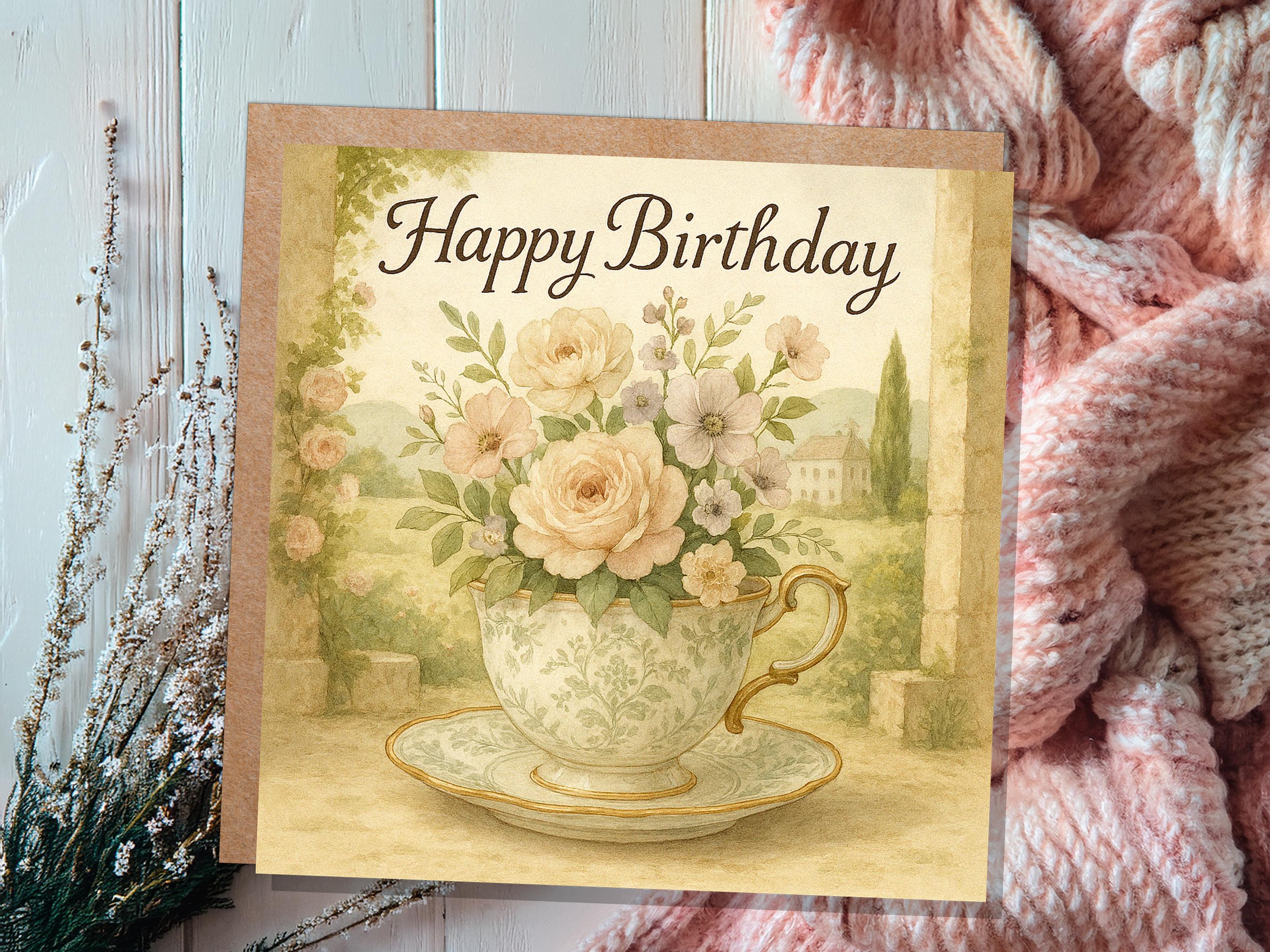 Chateaucore Birthday Card, Vintage Teacup Floral Roses, Cottagecore, Watercolour Flowers, Garden Tea Party Elegant Pretty Gift Friend Mum UK - View 2