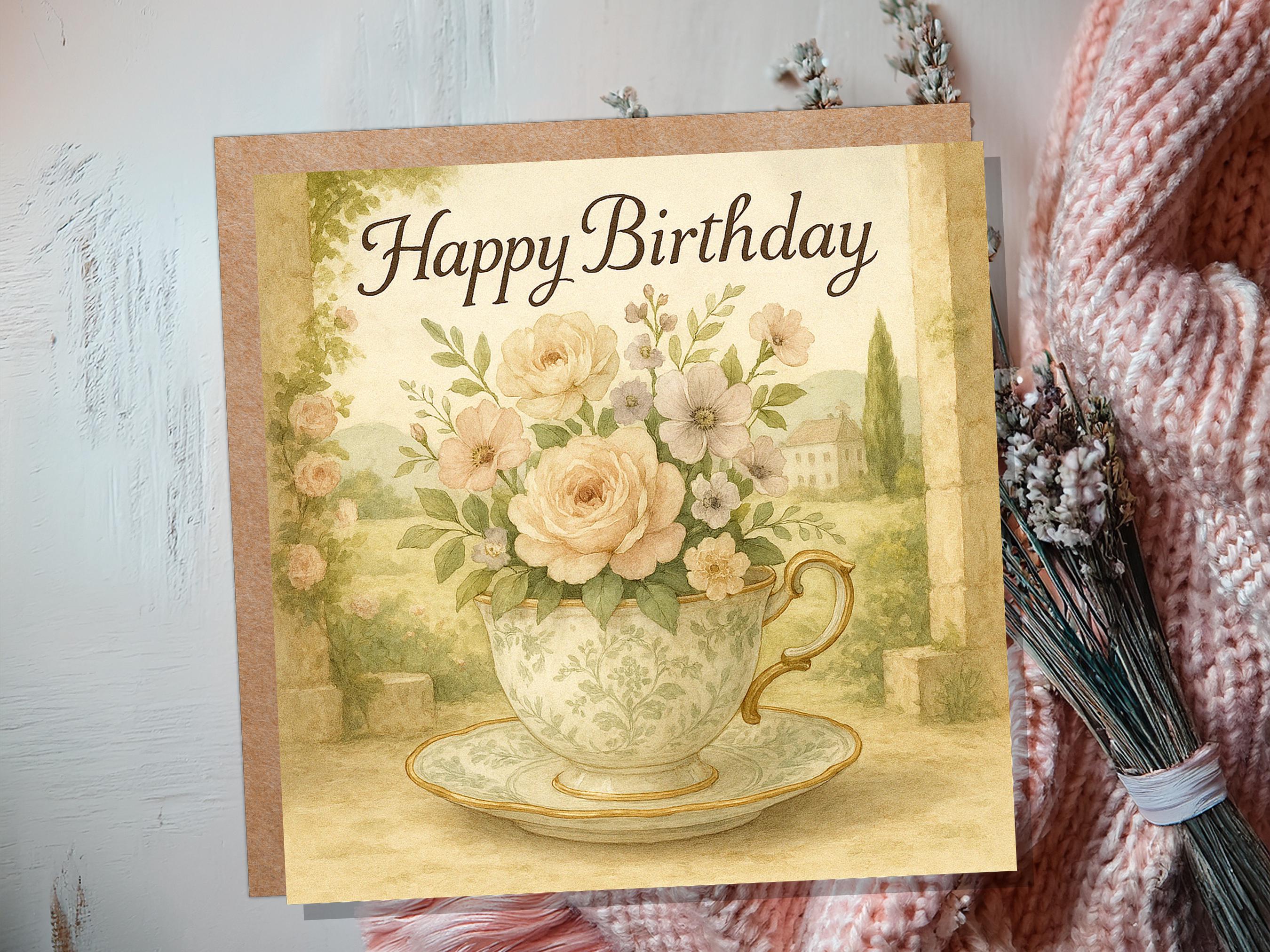 Chateaucore Birthday Card, Vintage Teacup Floral Roses, Cottagecore, Watercolour Flowers, Garden Tea Party Elegant Pretty Gift Friend Mum UK - View 3