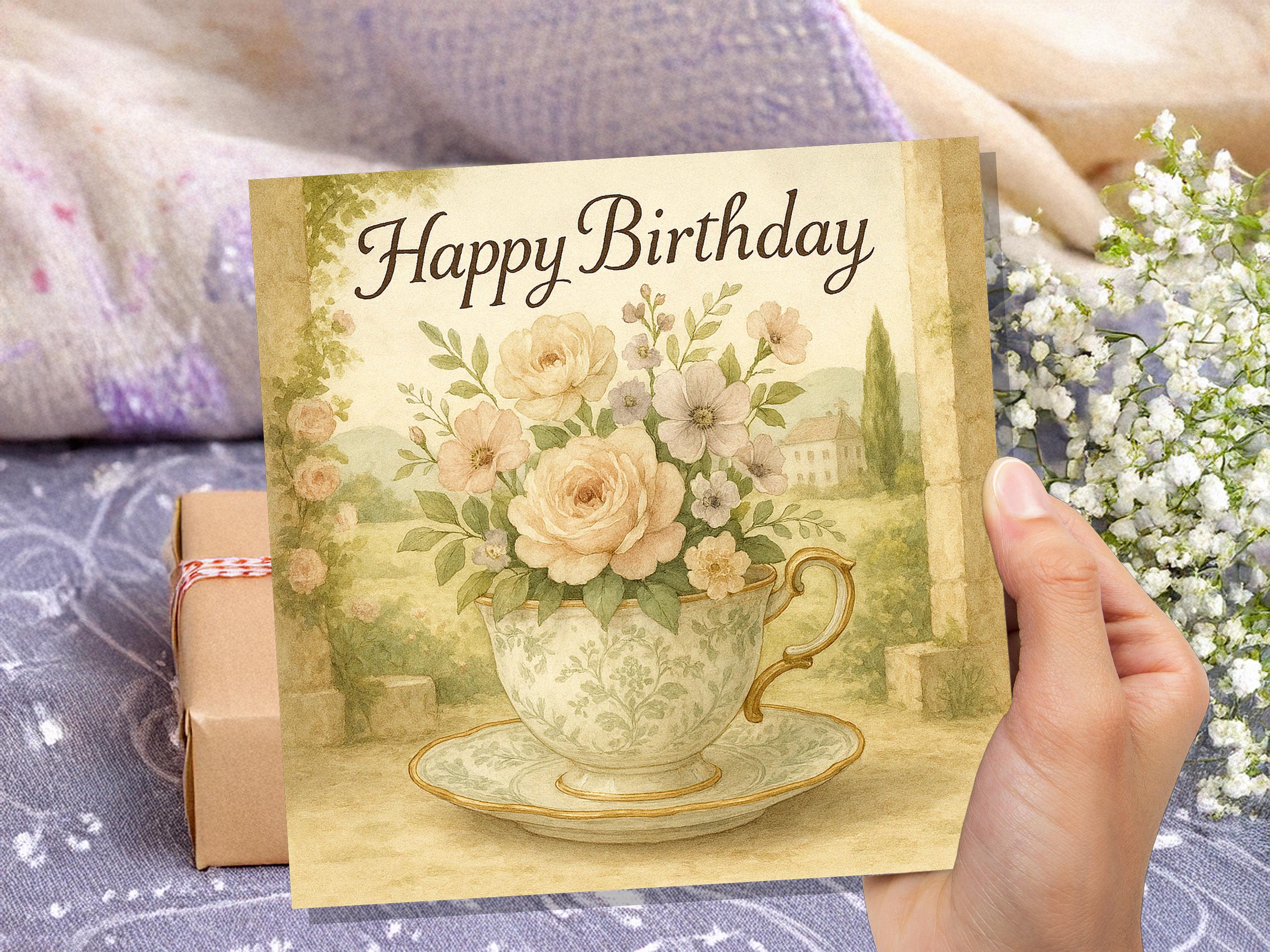 Chateaucore Birthday Card, Vintage Teacup Floral Roses, Cottagecore, Watercolour Flowers, Garden Tea Party Elegant Pretty Gift Friend Mum UK - View 7