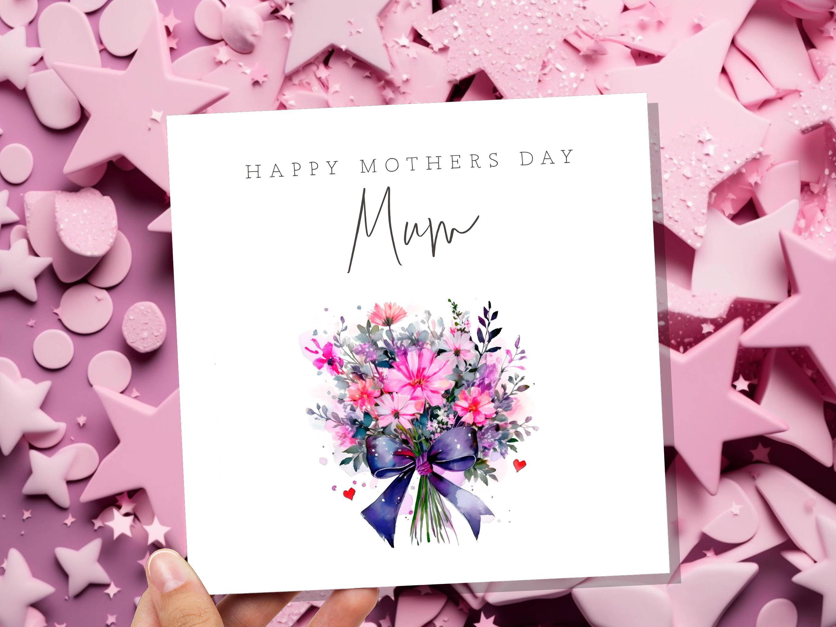 Happy Mother's Day Bouquet Card Purple Pink Floral with Bow Watercolour Flower Arrangement For Mum Mom Unique Botanical Bunch of Flowers - View 6