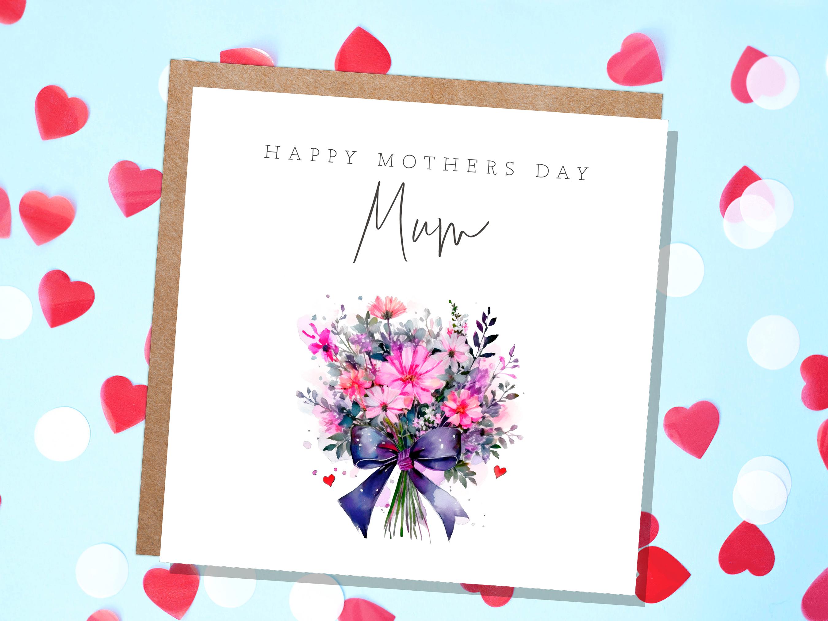 Happy Mother's Day Bouquet Card Purple Pink Floral with Bow Watercolour Flower Arrangement For Mum Mom Unique Botanical Bunch of Flowers - View 5