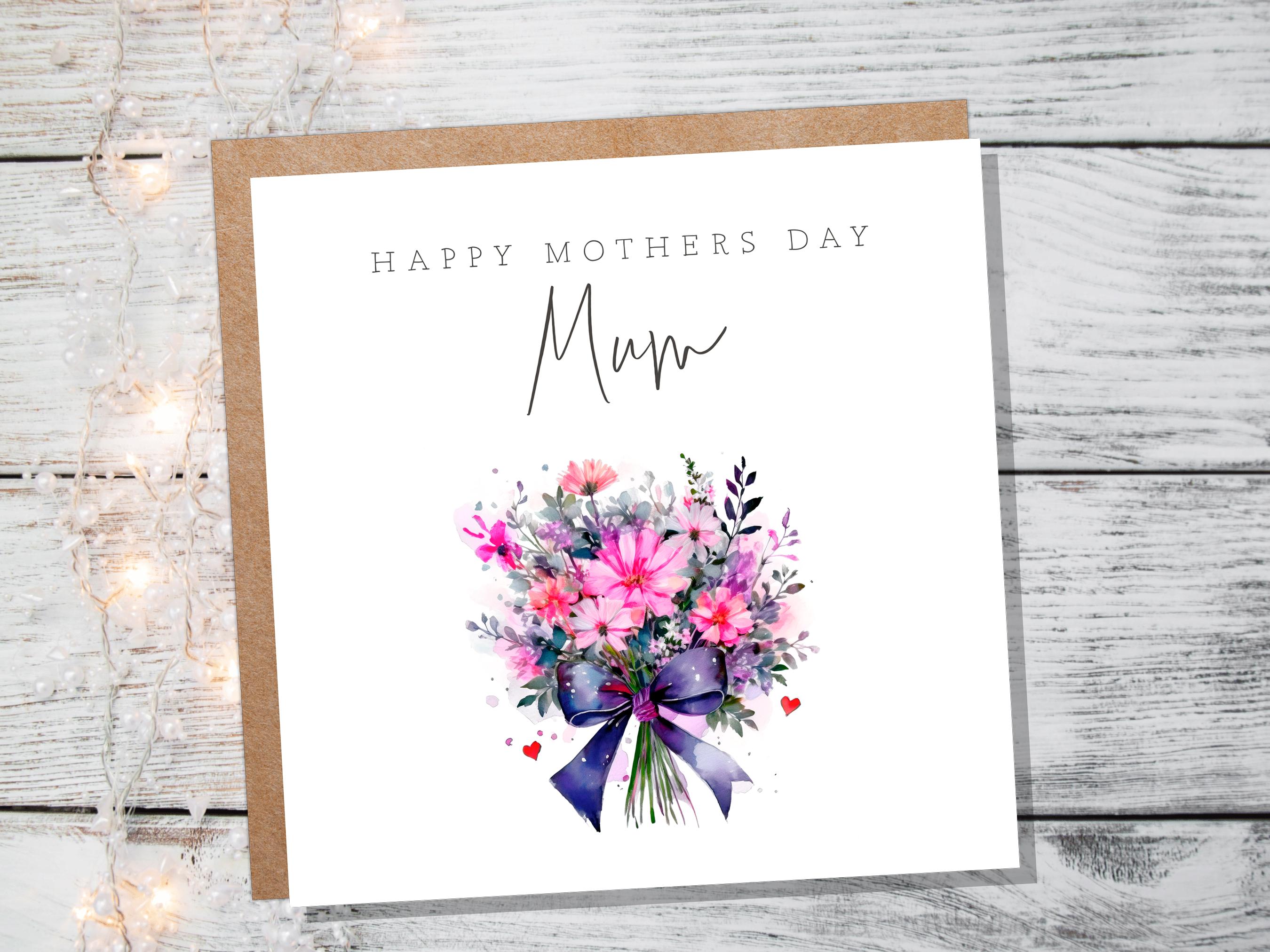 Happy Mother's Day Bouquet Card Purple Pink Floral with Bow Watercolour Flower Arrangement For Mum Mom Unique Botanical Bunch of Flowers - View 3