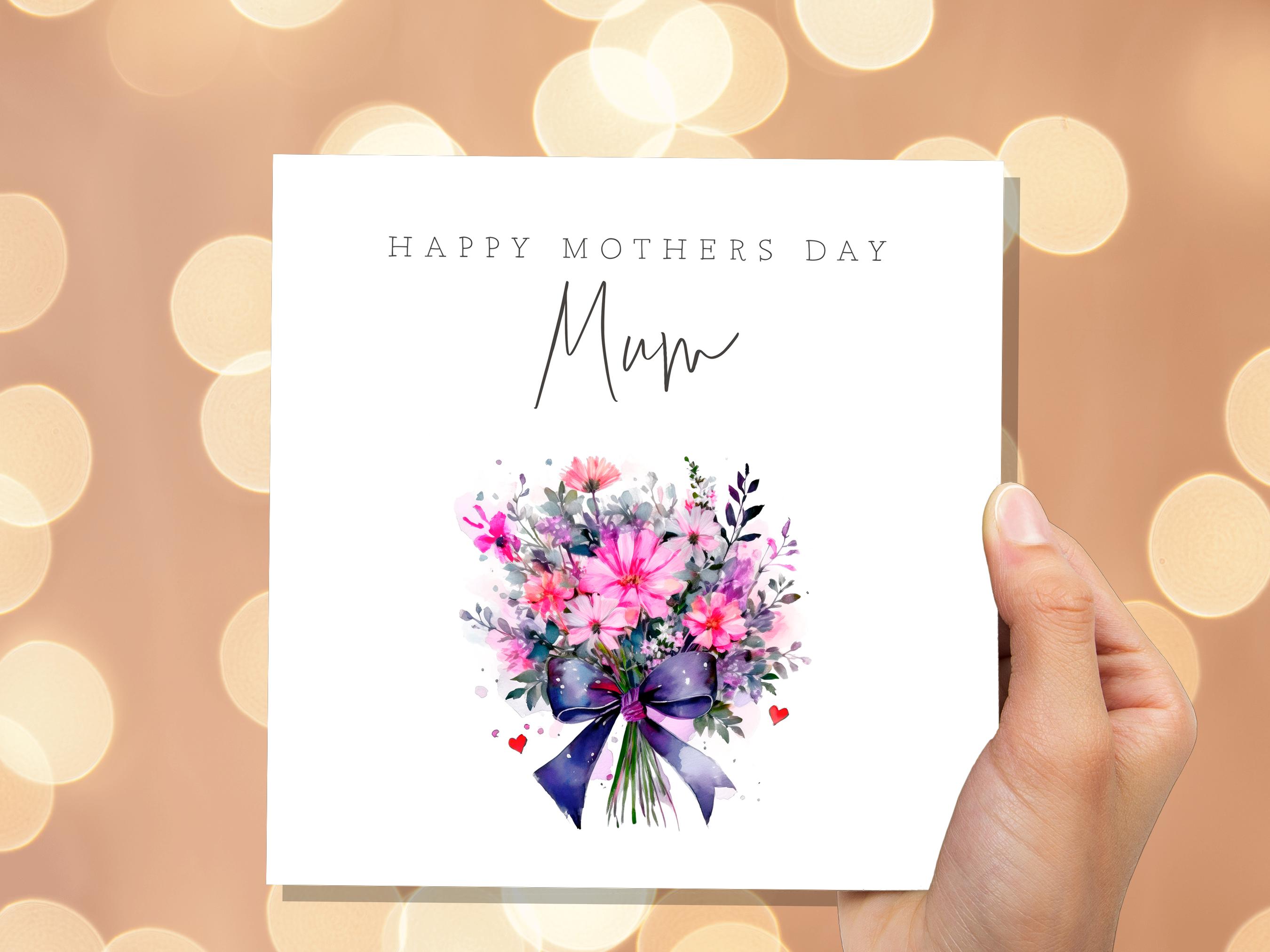 Happy Mother's Day Bouquet Card Purple Pink Floral with Bow Watercolour Flower Arrangement For Mum Mom Unique Botanical Bunch of Flowers - View 9