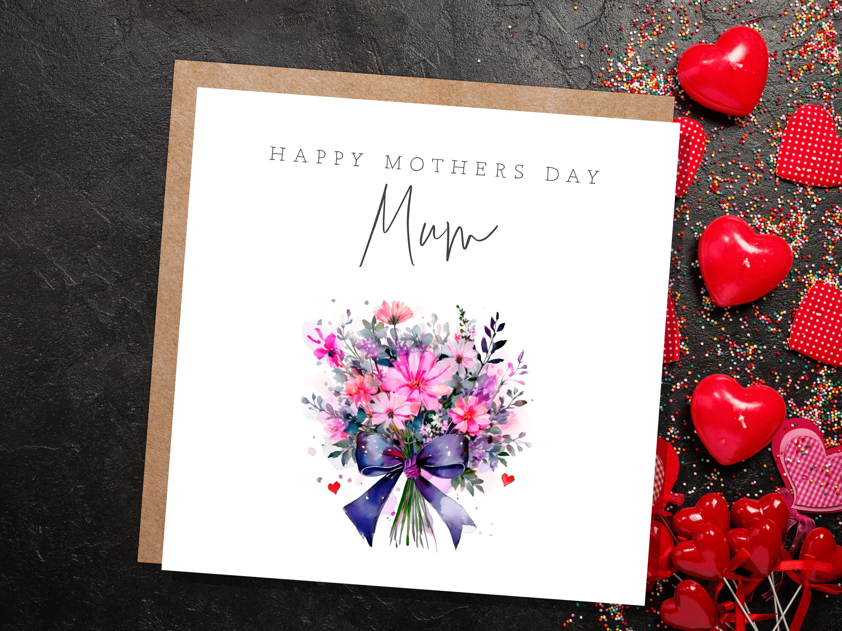 Happy Mother's Day Bouquet Card Purple Pink Floral with Bow Watercolour Flower Arrangement For Mum Mom Unique Botanical Bunch of Flowers - View 8