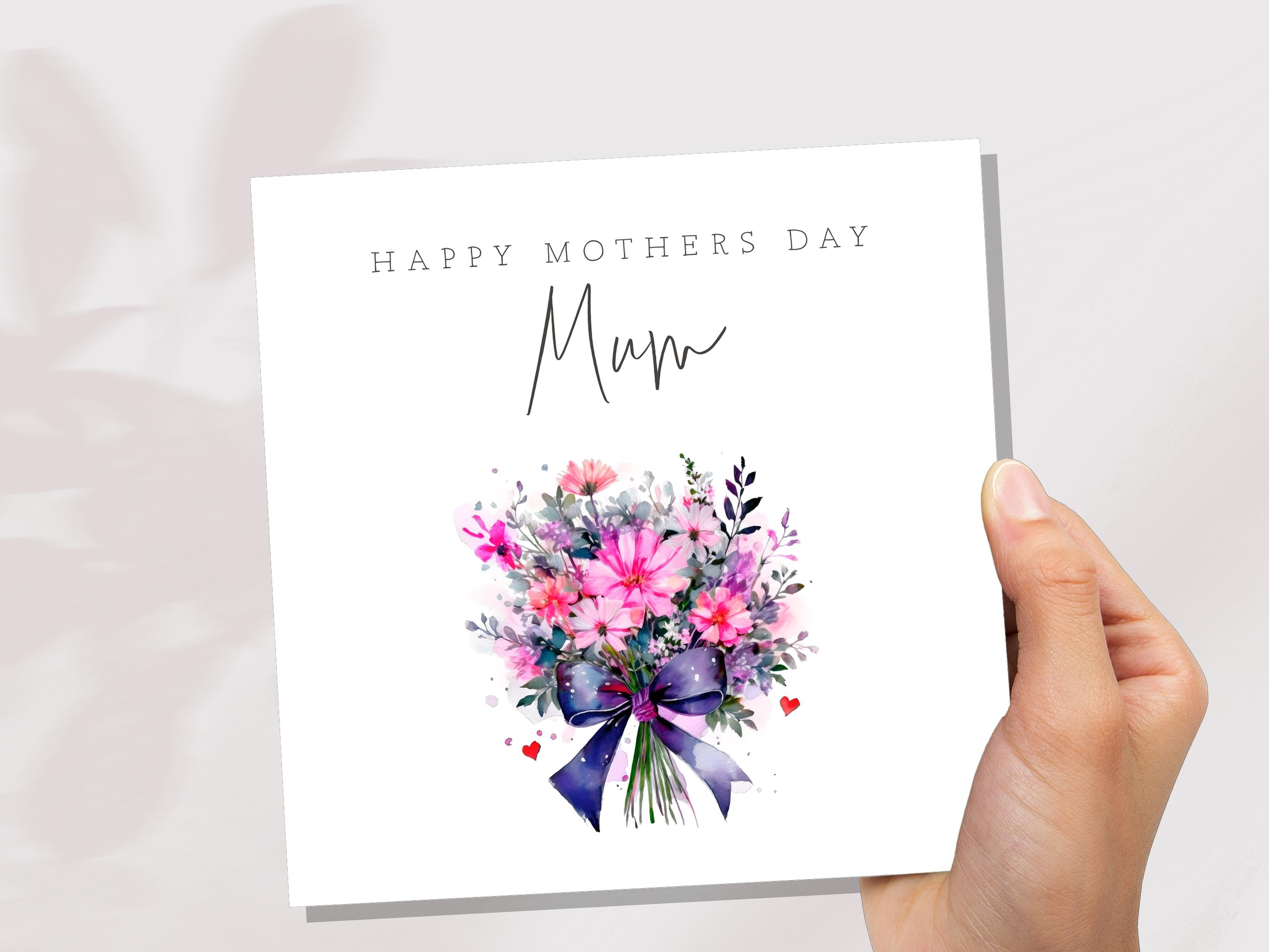 Happy Mother's Day Bouquet Card Purple Pink Floral with Bow Watercolour Flower Arrangement For Mum Mom Unique Botanical Bunch of Flowers