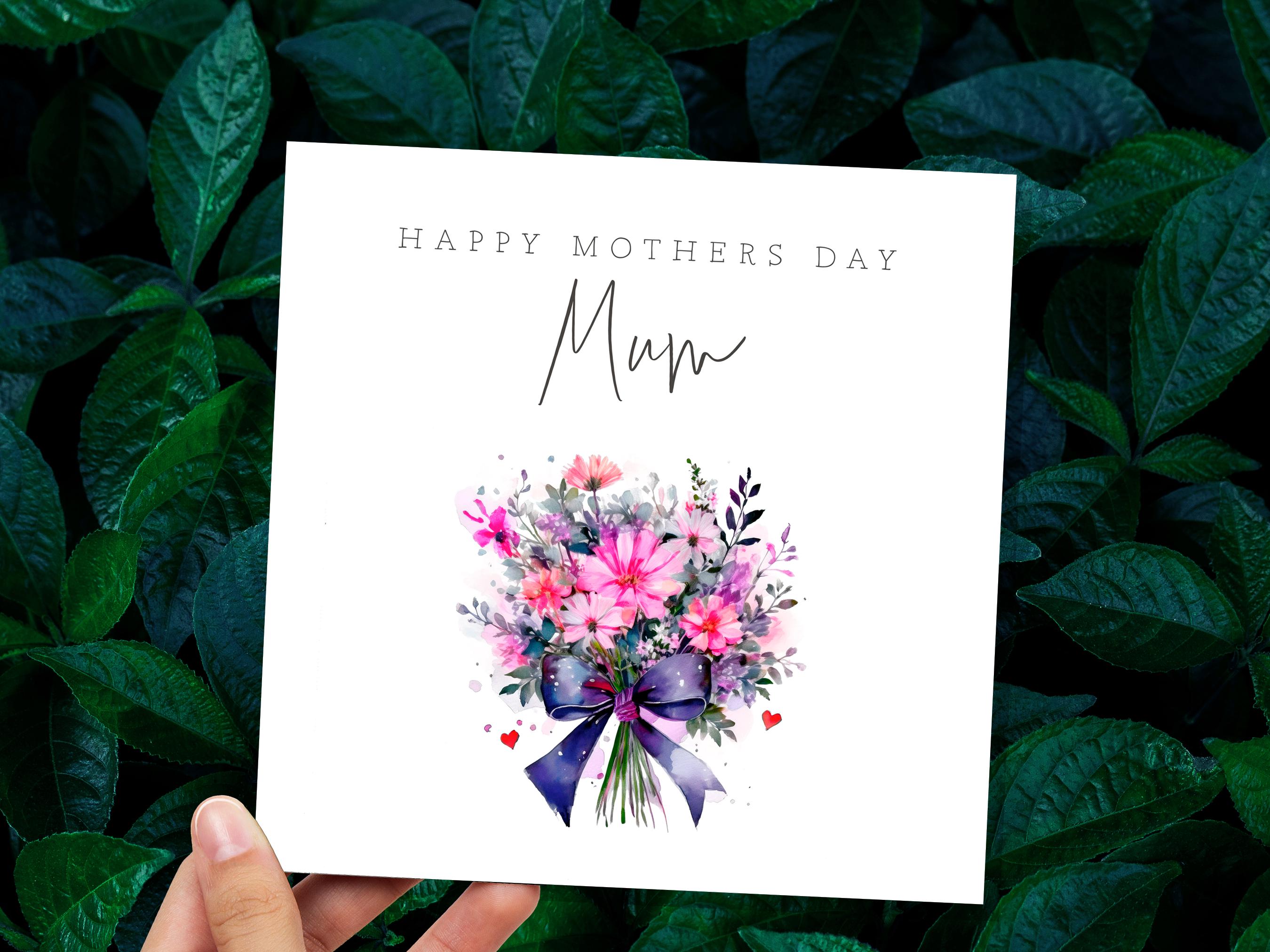 Happy Mother's Day Bouquet Card Purple Pink Floral with Bow Watercolour Flower Arrangement For Mum Mom Unique Botanical Bunch of Flowers - View 4