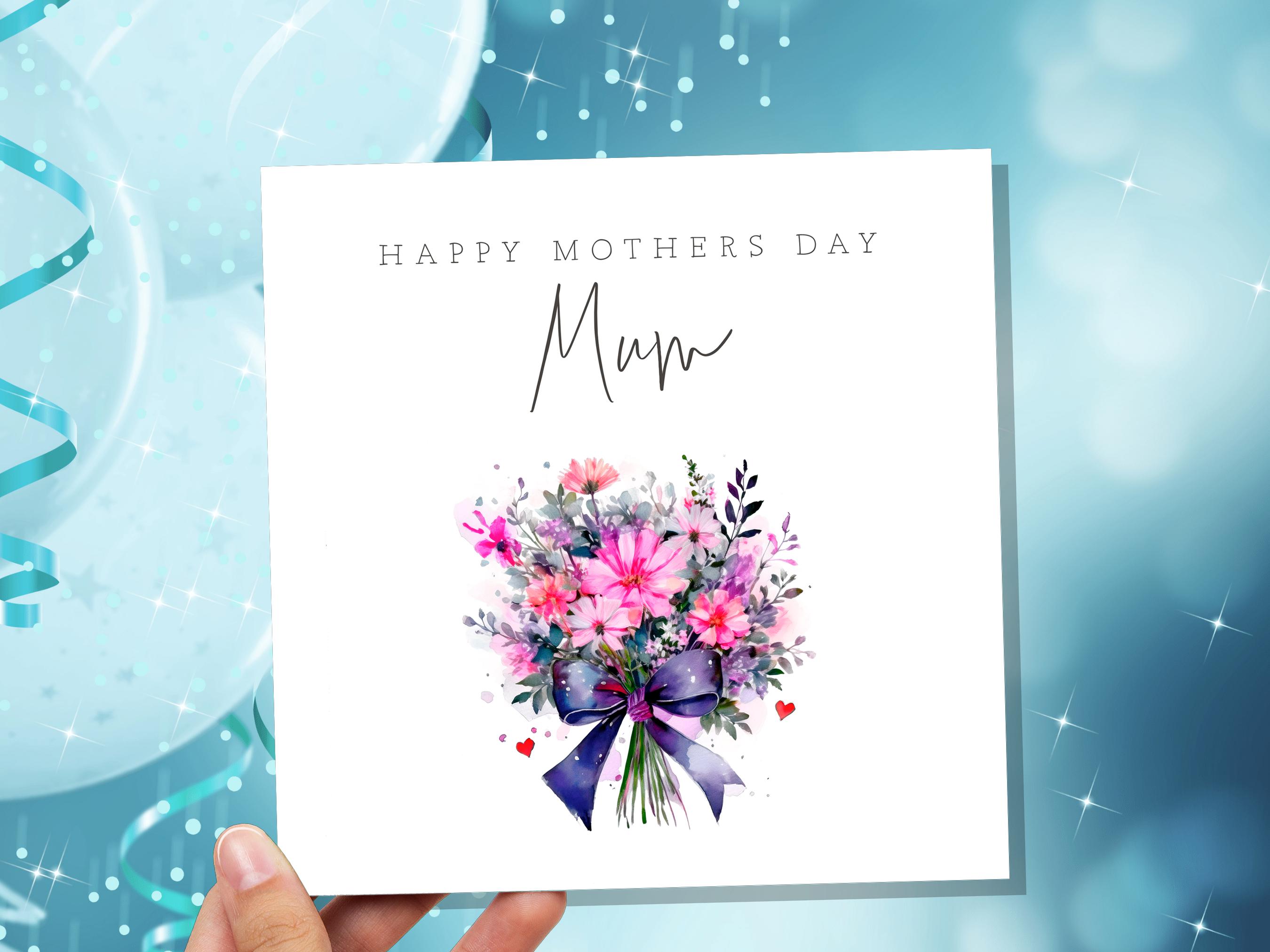 Happy Mother's Day Bouquet Card Purple Pink Floral with Bow Watercolour Flower Arrangement For Mum Mom Unique Botanical Bunch of Flowers - View 7