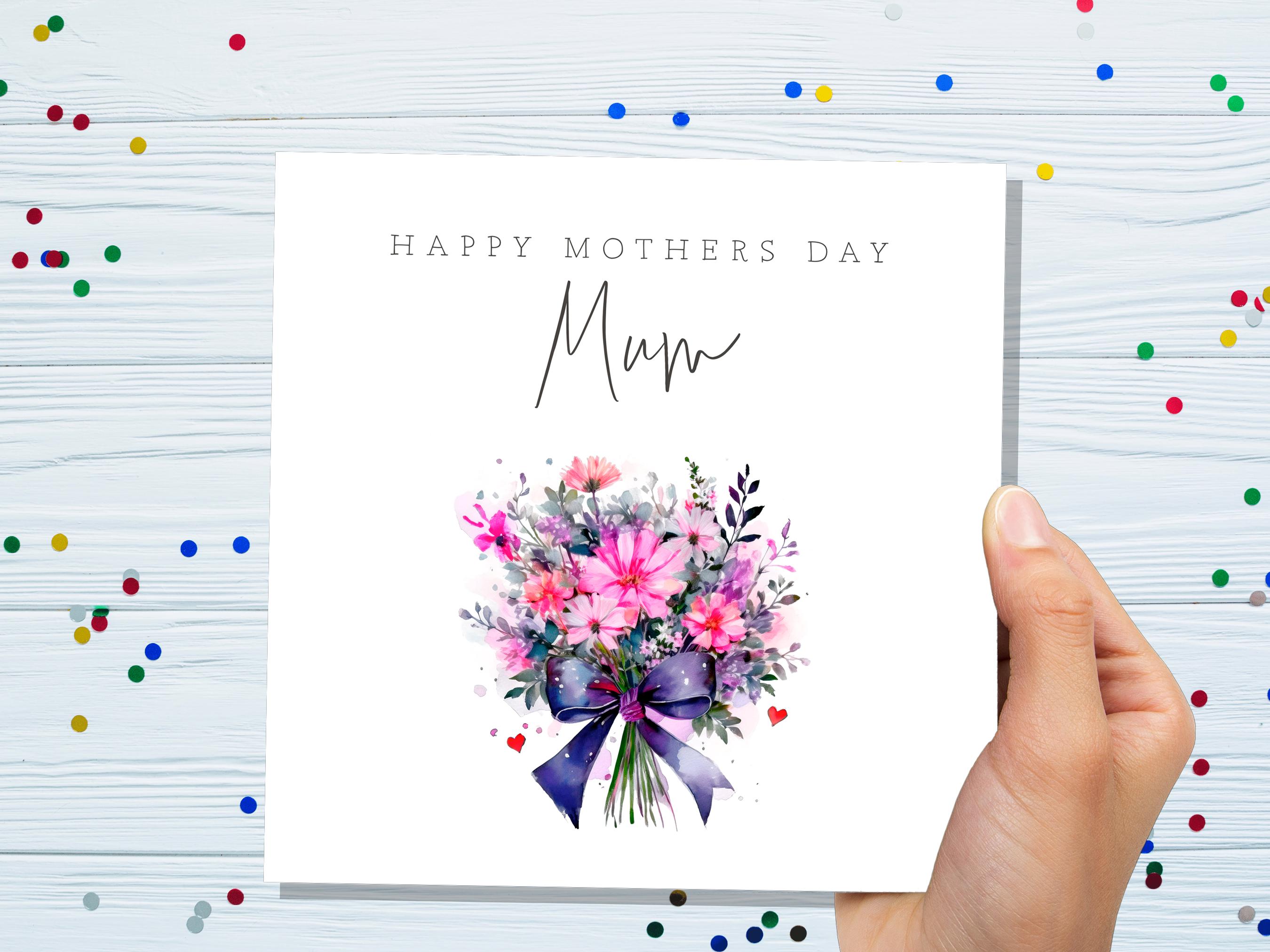 Happy Mother's Day Bouquet Card Purple Pink Floral with Bow Watercolour Flower Arrangement For Mum Mom Unique Botanical Bunch of Flowers - View 2