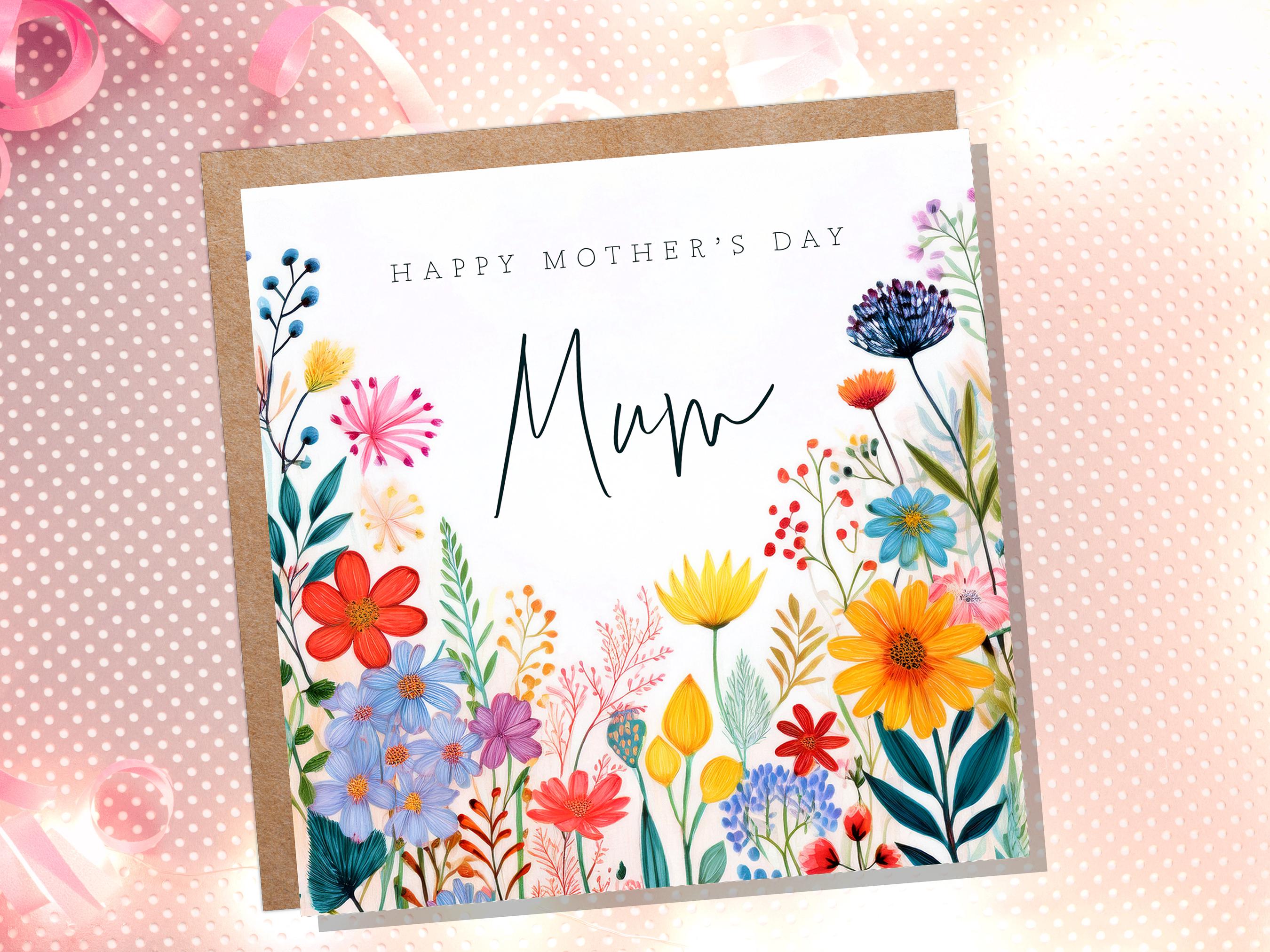 Botanical Wildflower Happy Mother's Day Card with Mum Calligraphy Unique Floral Design for Mom Bright Colourful Flowers - View 3