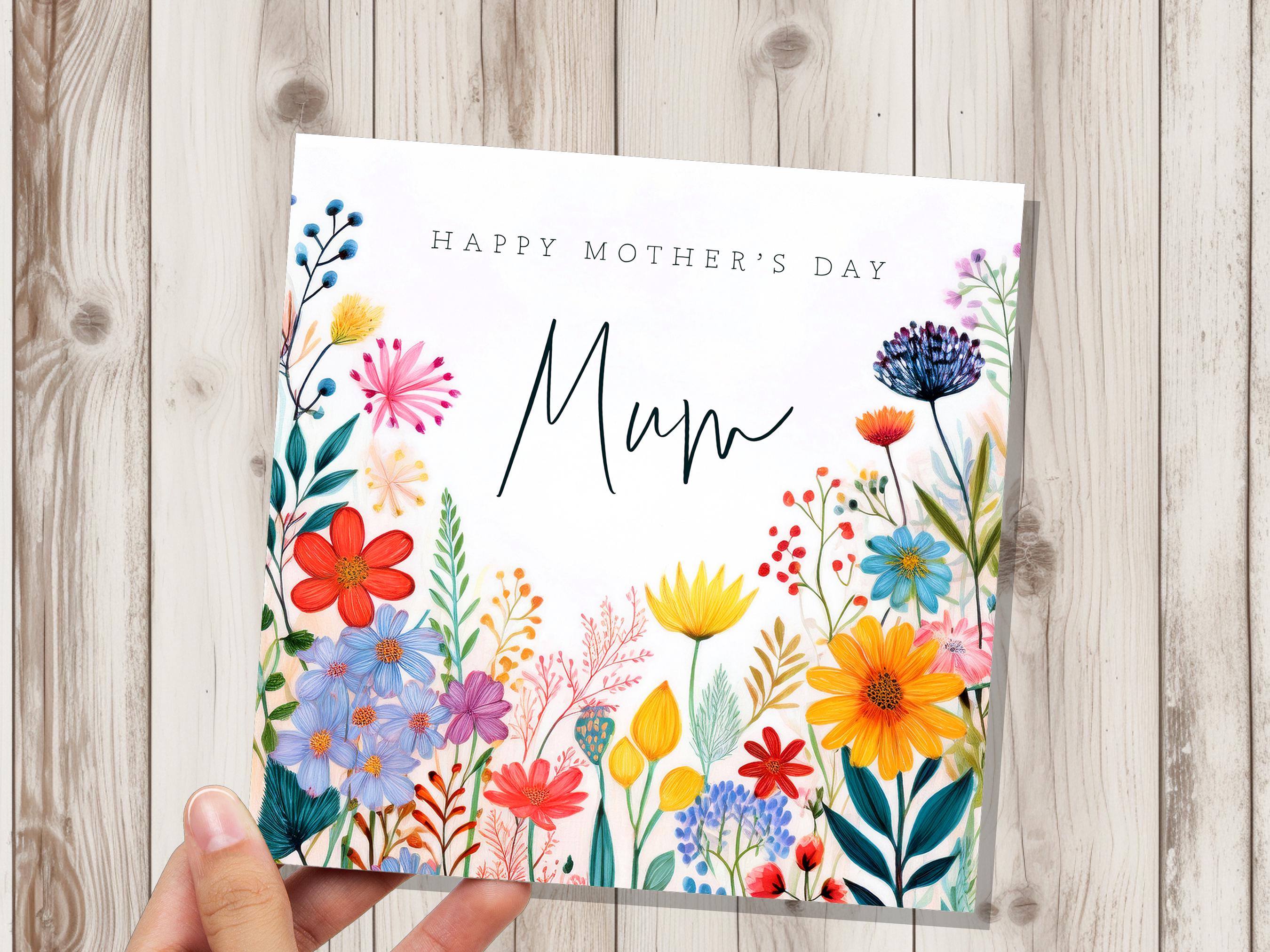 Botanical Wildflower Happy Mother's Day Card with Mum Calligraphy Unique Floral Design for Mom Bright Colourful Flowers - View 2