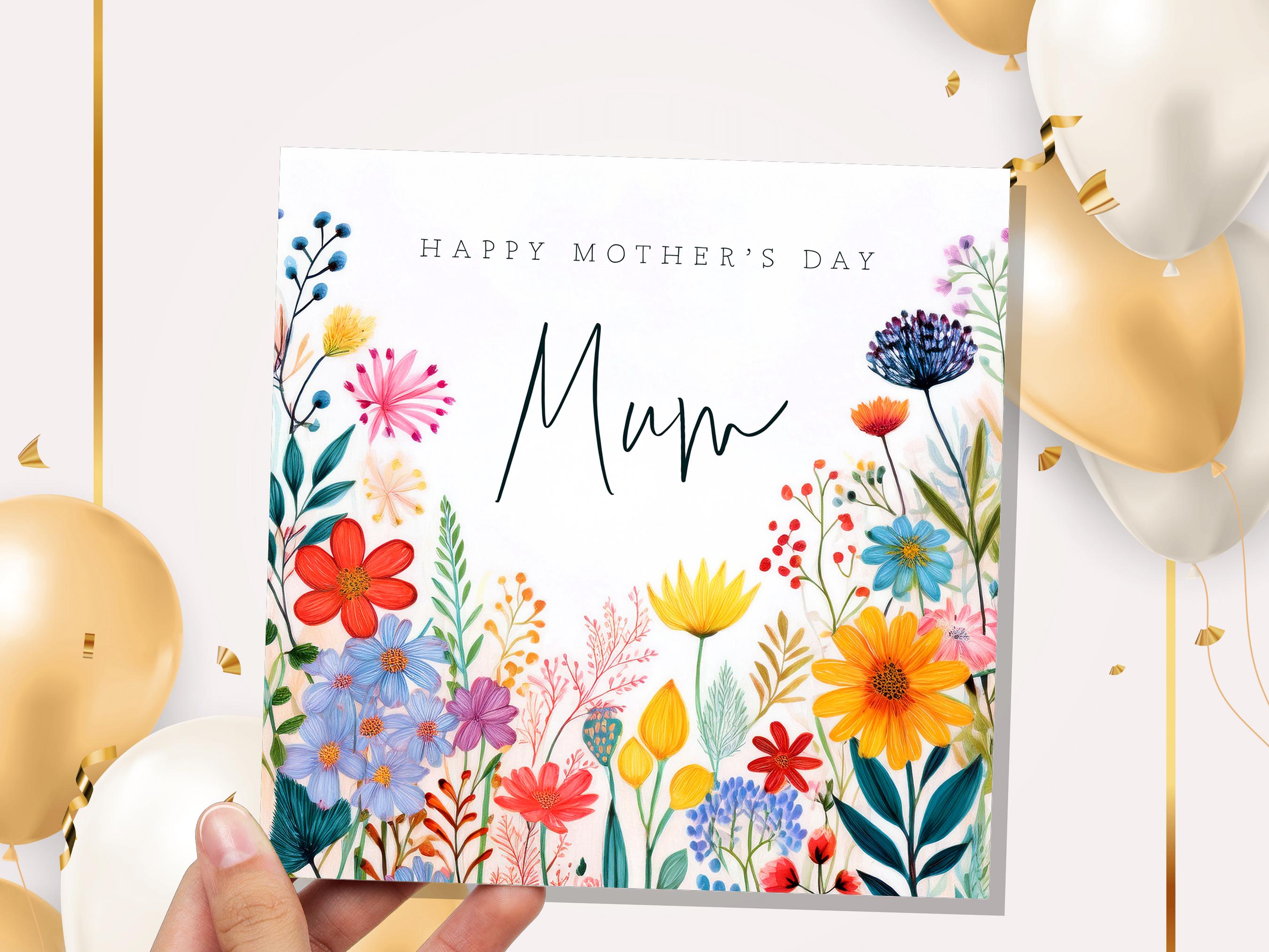 Botanical Wildflower Happy Mother's Day Card with Mum Calligraphy Unique Floral Design for Mom Bright Colourful Flowers - View 6