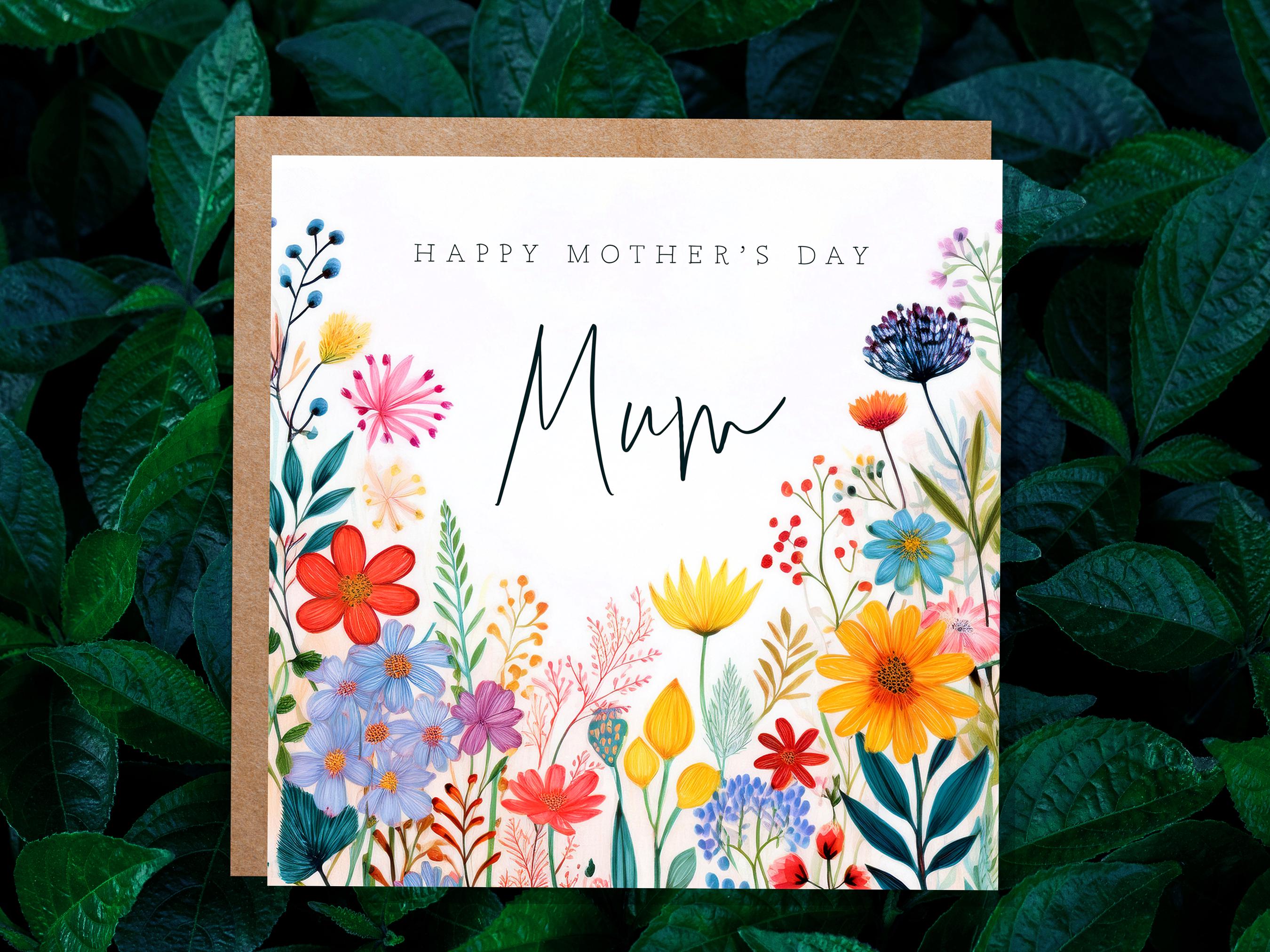 Botanical Wildflower Happy Mother's Day Card with Mum Calligraphy Unique Floral Design for Mom Bright Colourful Flowers - View 4