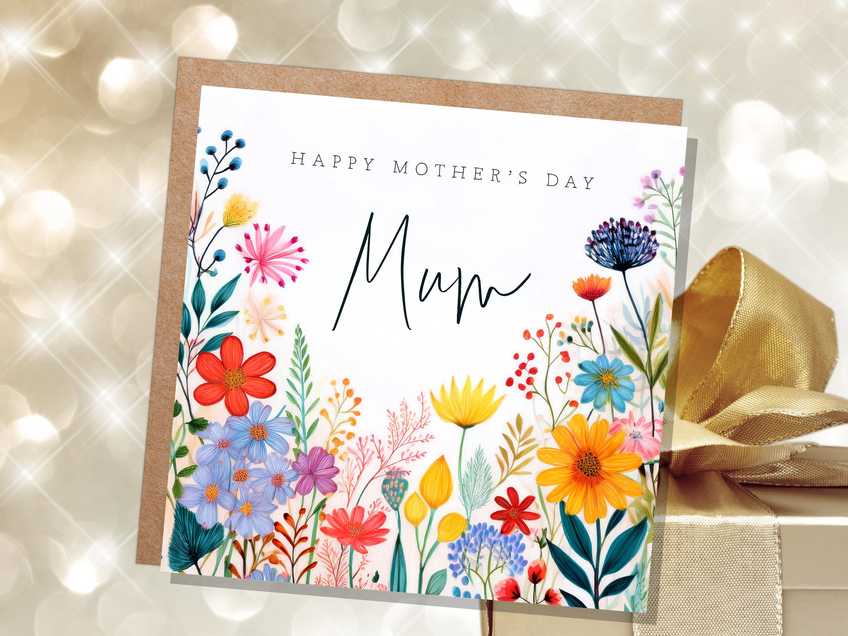 Botanical Wildflower Happy Mother's Day Card with Mum Calligraphy Unique Floral Design for Mom Bright Colourful Flowers - View 5