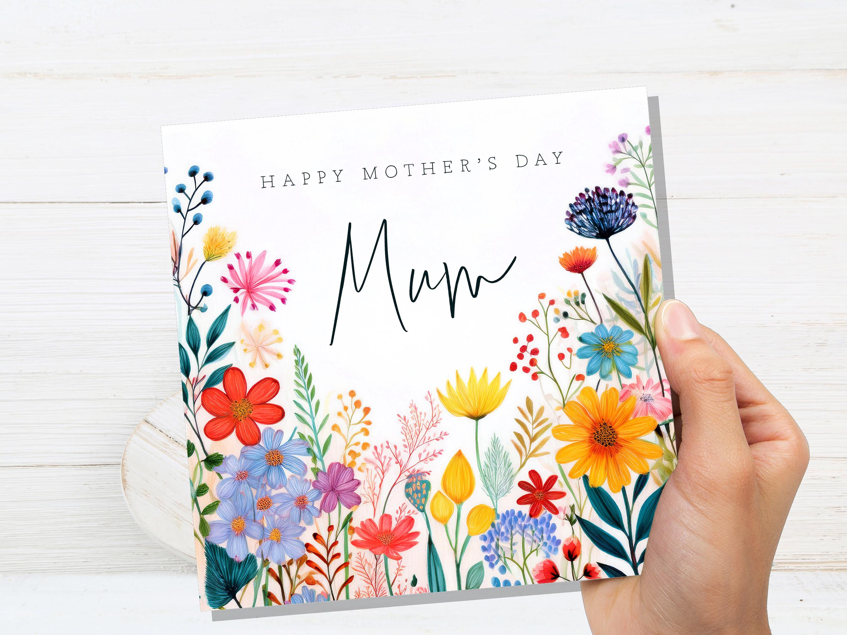 Botanical Wildflower Happy Mother's Day Card with Mum Calligraphy Unique Floral Design for Mom Bright Colourful Flowers - View 8