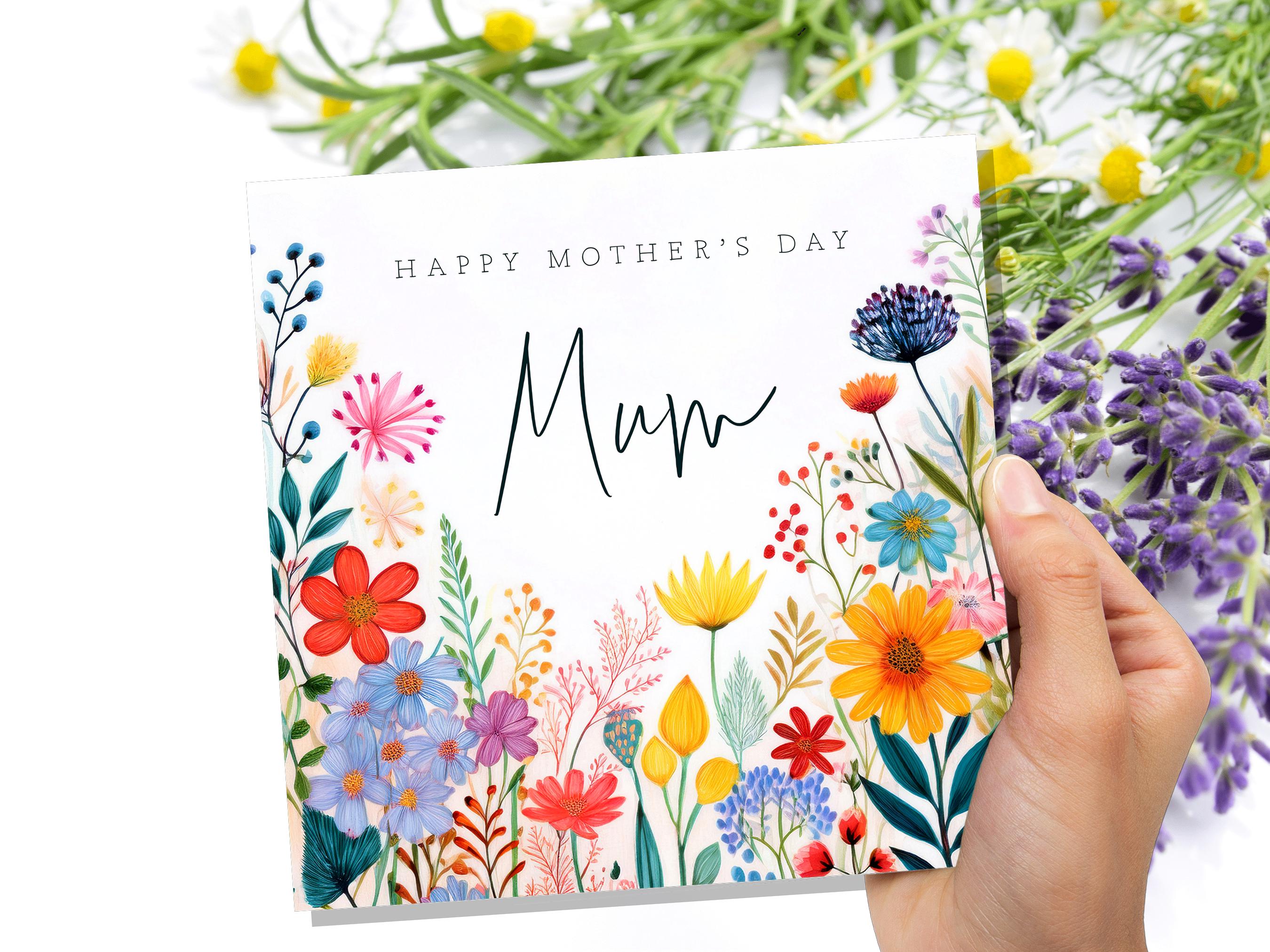 Botanical Wildflower Happy Mother's Day Card with Mum Calligraphy Unique Floral Design for Mom Bright Colourful Flowers - View 7