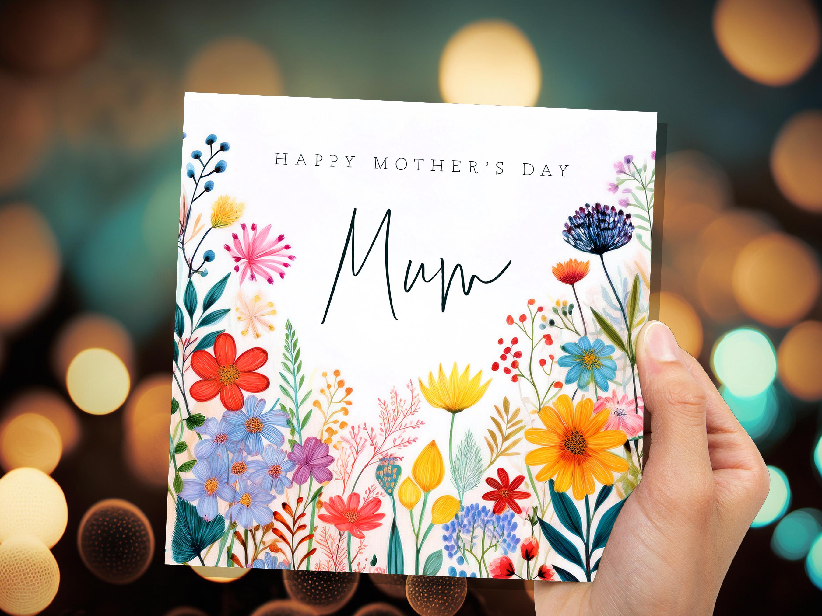 Botanical Wildflower Happy Mother's Day Card with Mum Calligraphy Unique Floral Design for Mom Bright Colourful Flowers - View 9