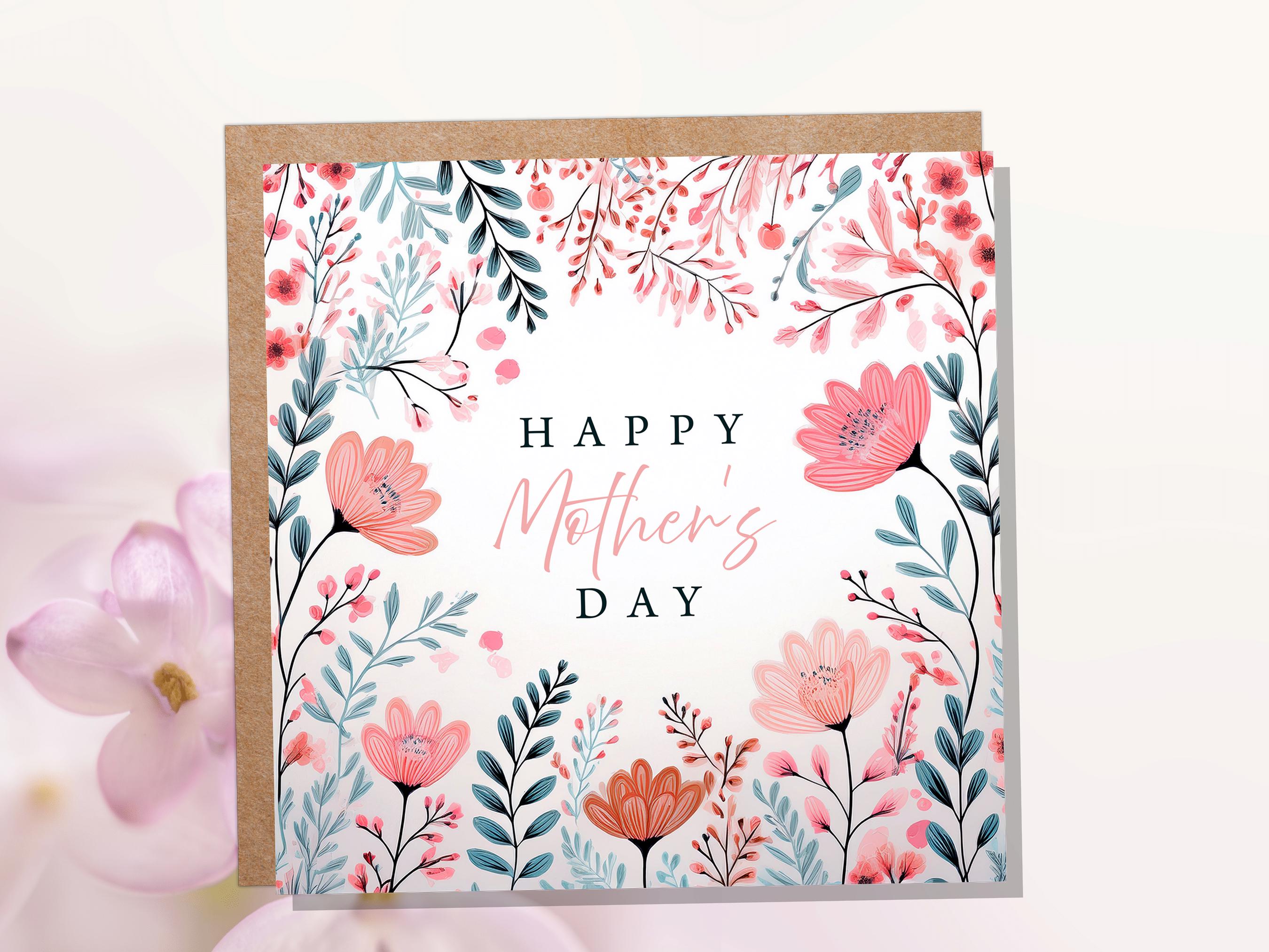 Happy Mother's Day Card Elegant Pink and Mint Flowers Modern Botanical Art For Mum Eco Friendly Pretty Painted Floral Garden Leaves Border - View 3