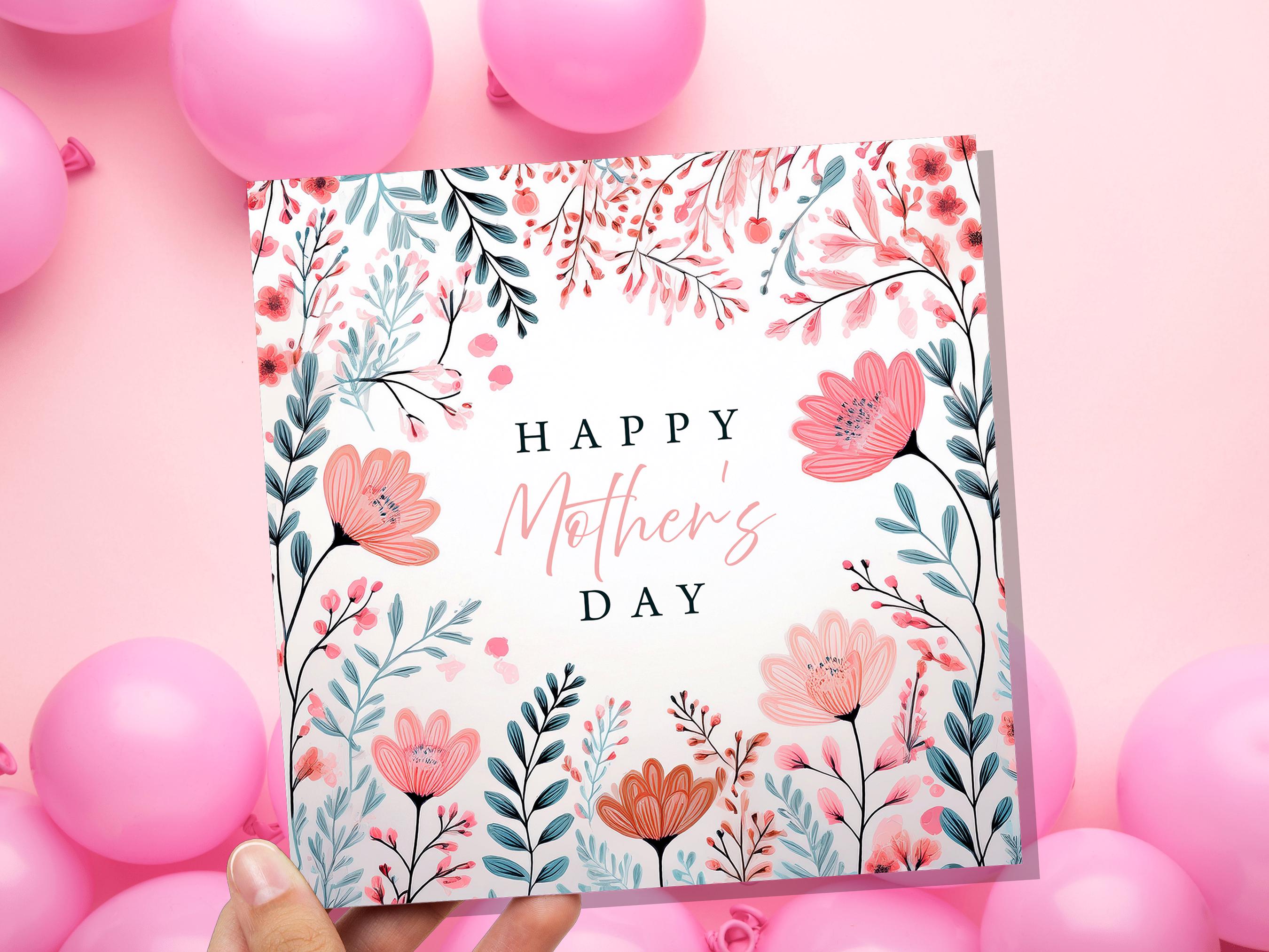 Happy Mother's Day Card Elegant Pink and Mint Flowers Modern Botanical Art For Mum Eco Friendly Pretty Painted Floral Garden Leaves Border - View 5