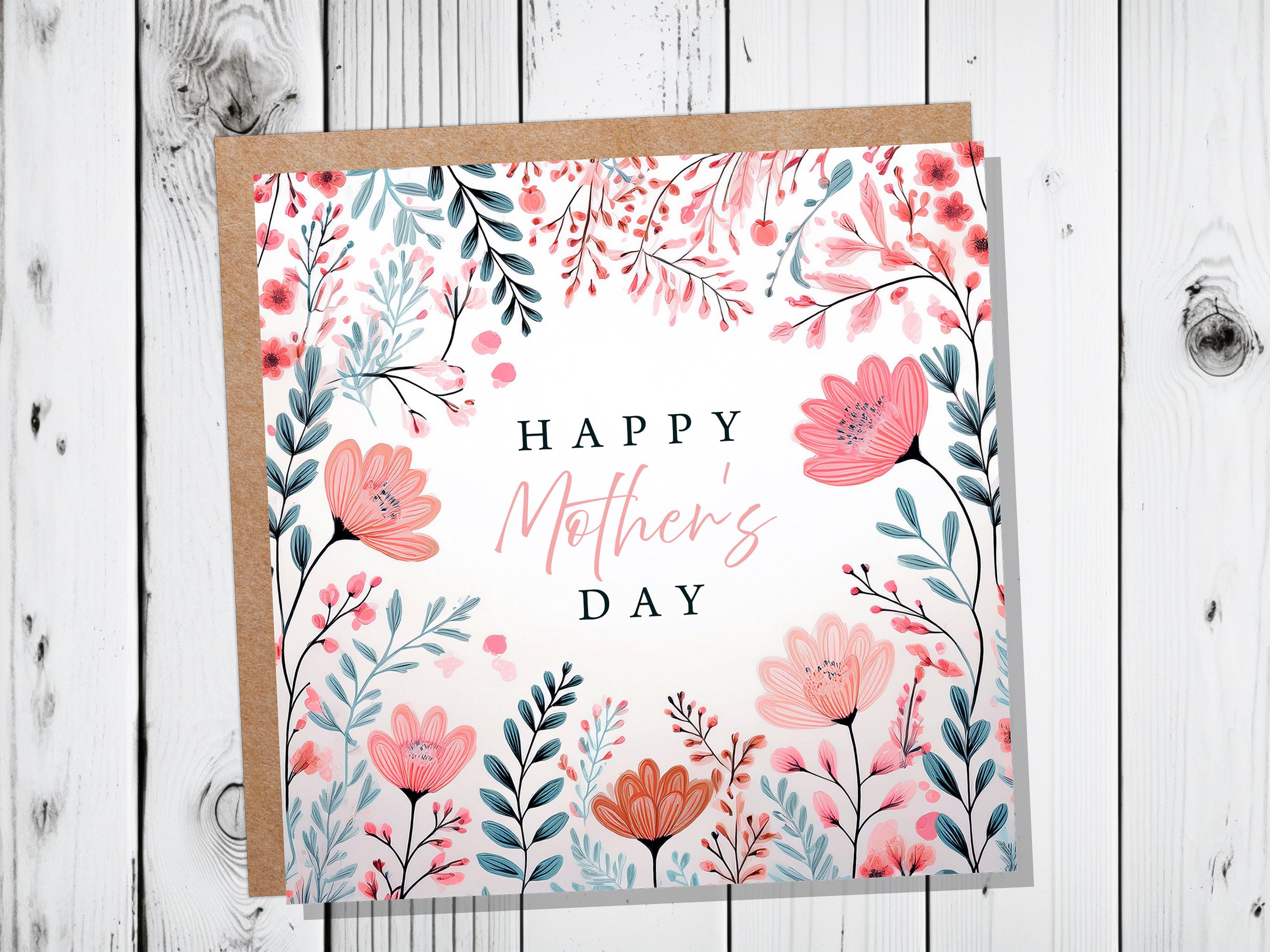 Happy Mother's Day Card Elegant Pink and Mint Flowers Modern Botanical Art For Mum Eco Friendly Pretty Painted Floral Garden Leaves Border - View 2