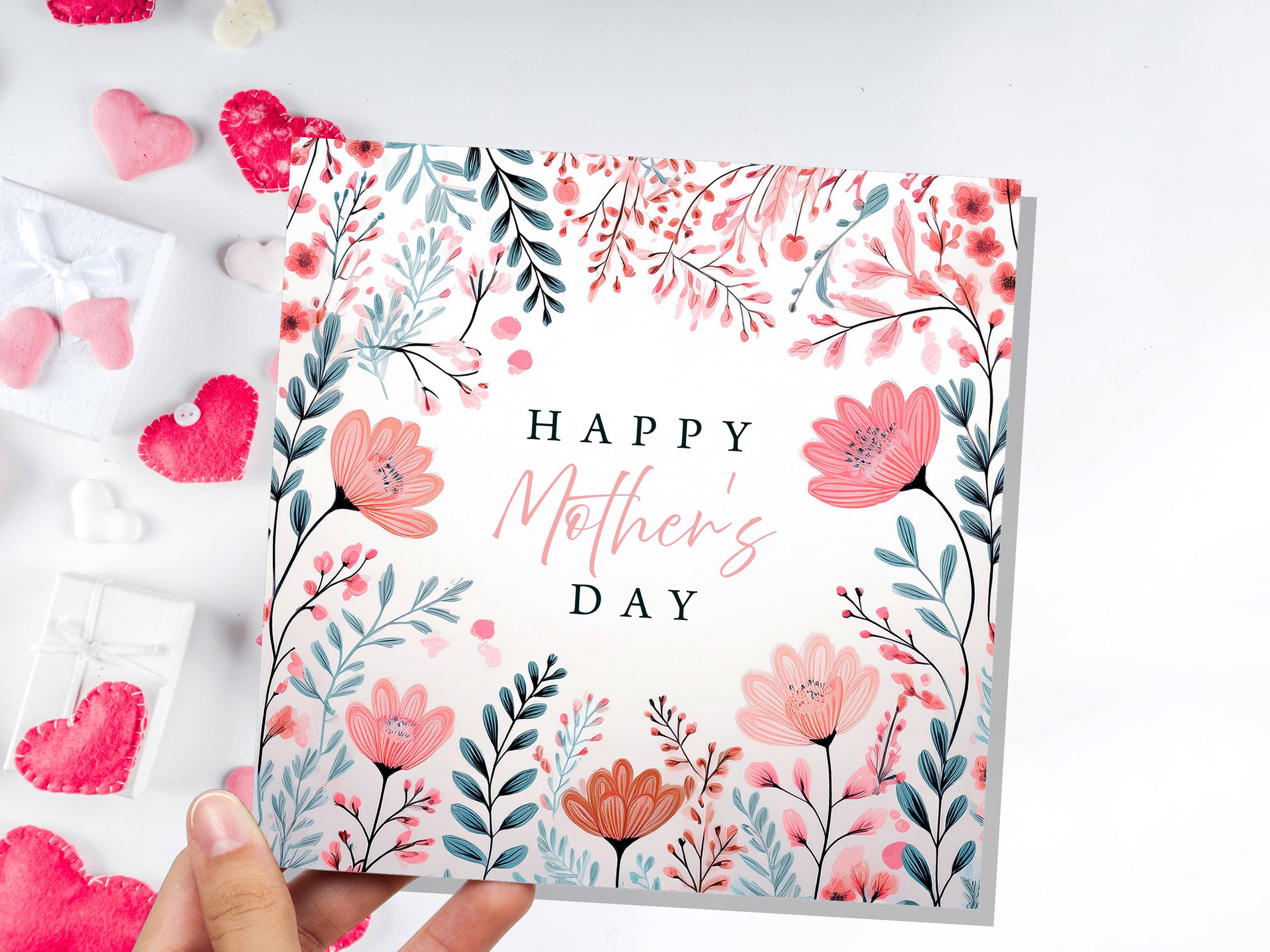 Happy Mother's Day Card Elegant Pink and Mint Flowers Modern Botanical Art For Mum Eco Friendly Pretty Painted Floral Garden Leaves Border - View 6