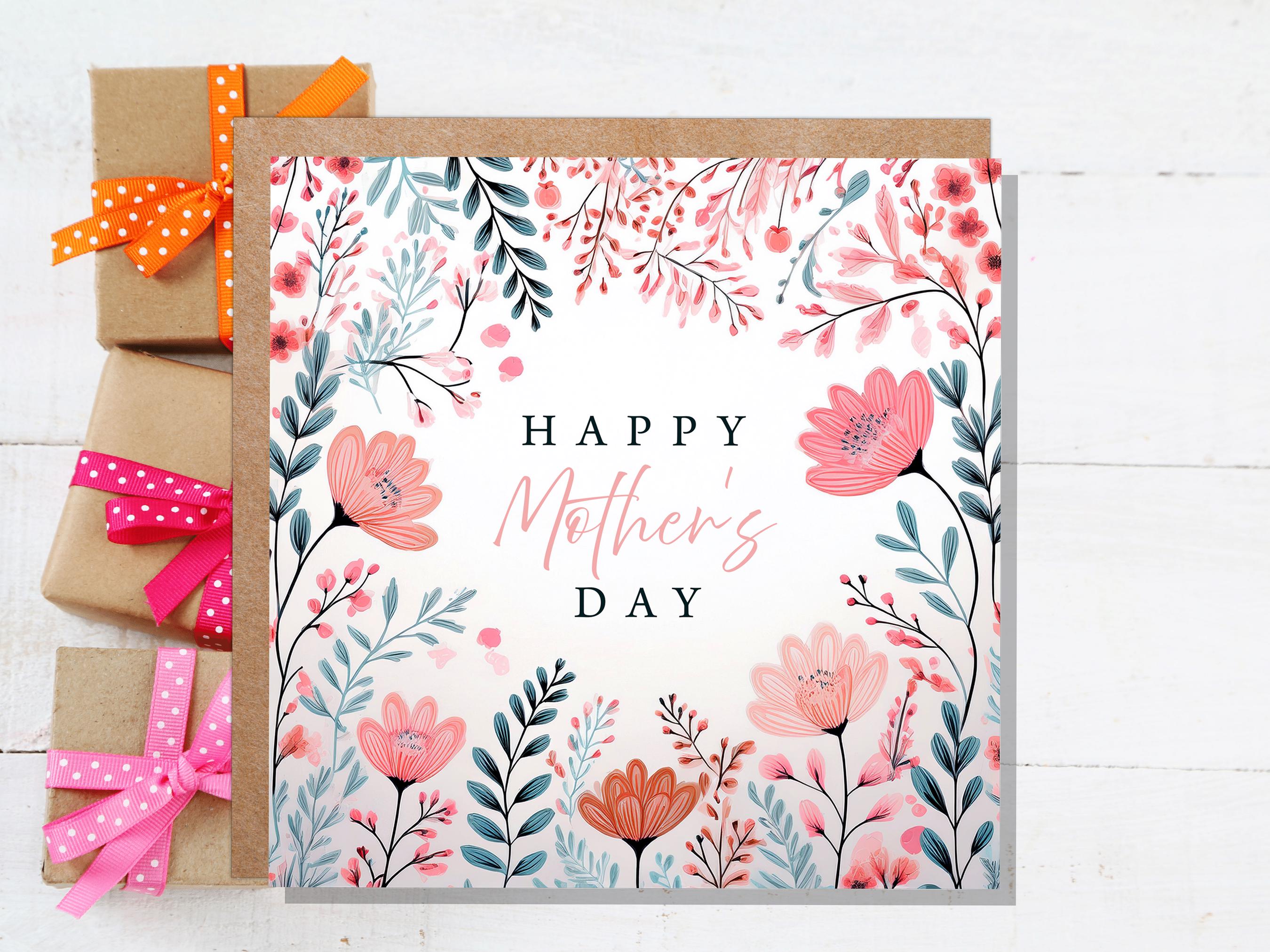 Happy Mother's Day Card Elegant Pink and Mint Flowers Modern Botanical Art For Mum Eco Friendly Pretty Painted Floral Garden Leaves Border - View 9