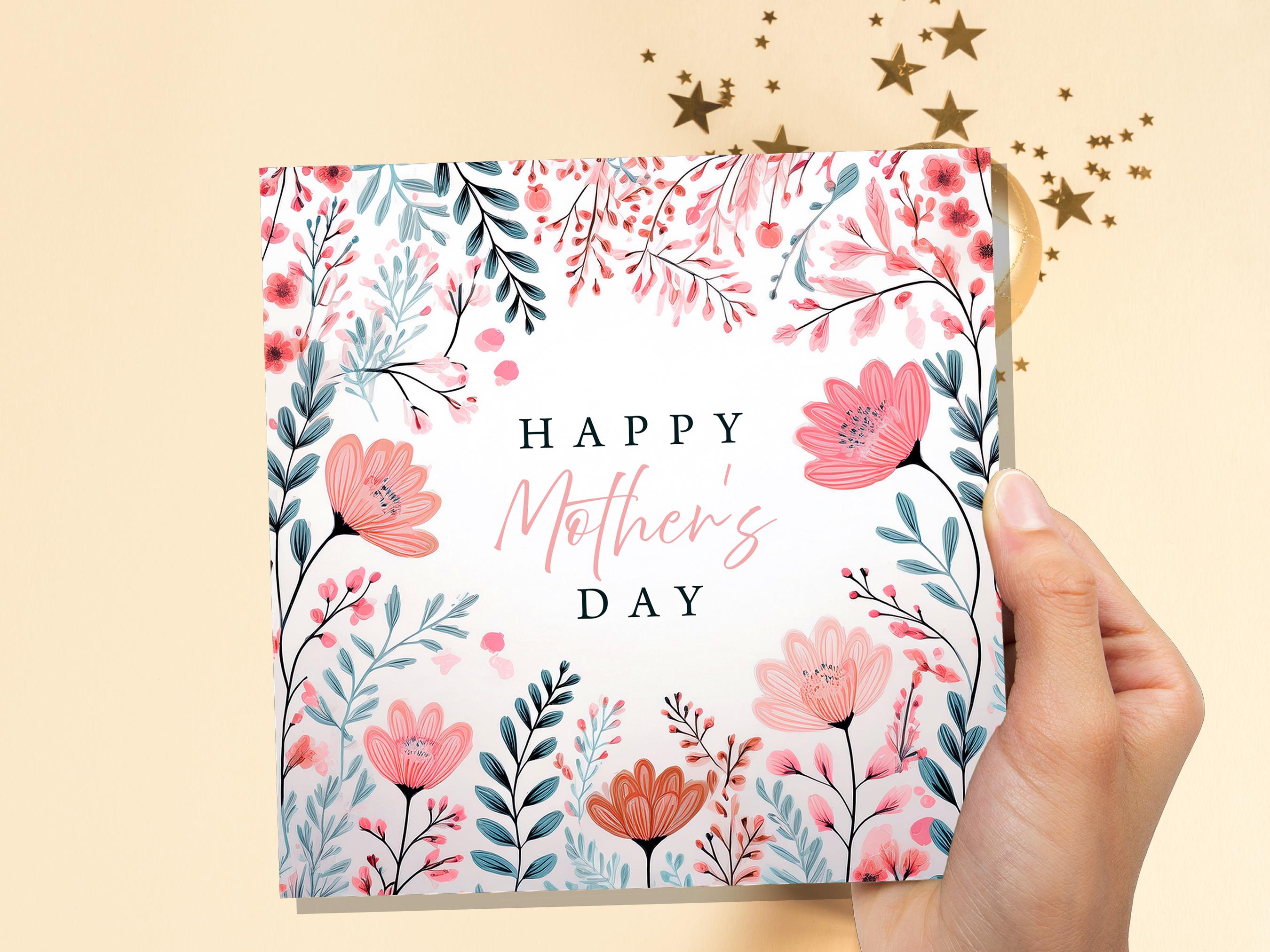 Happy Mother's Day Card Elegant Pink and Mint Flowers Modern Botanical Art For Mum Eco Friendly Pretty Painted Floral Garden Leaves Border - View 7