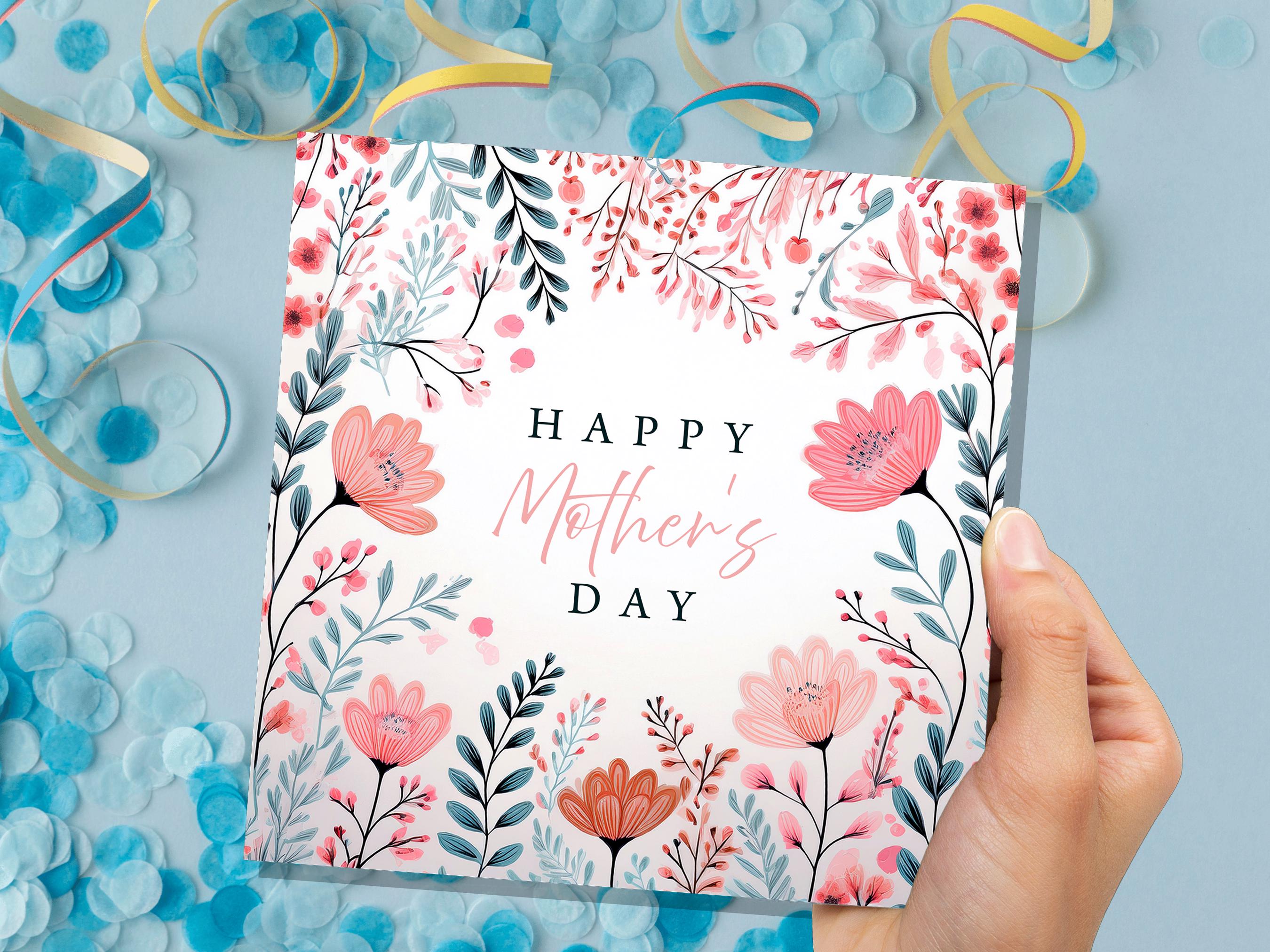 Happy Mother's Day Card Elegant Pink and Mint Flowers Modern Botanical Art For Mum Eco Friendly Pretty Painted Floral Garden Leaves Border - View 8