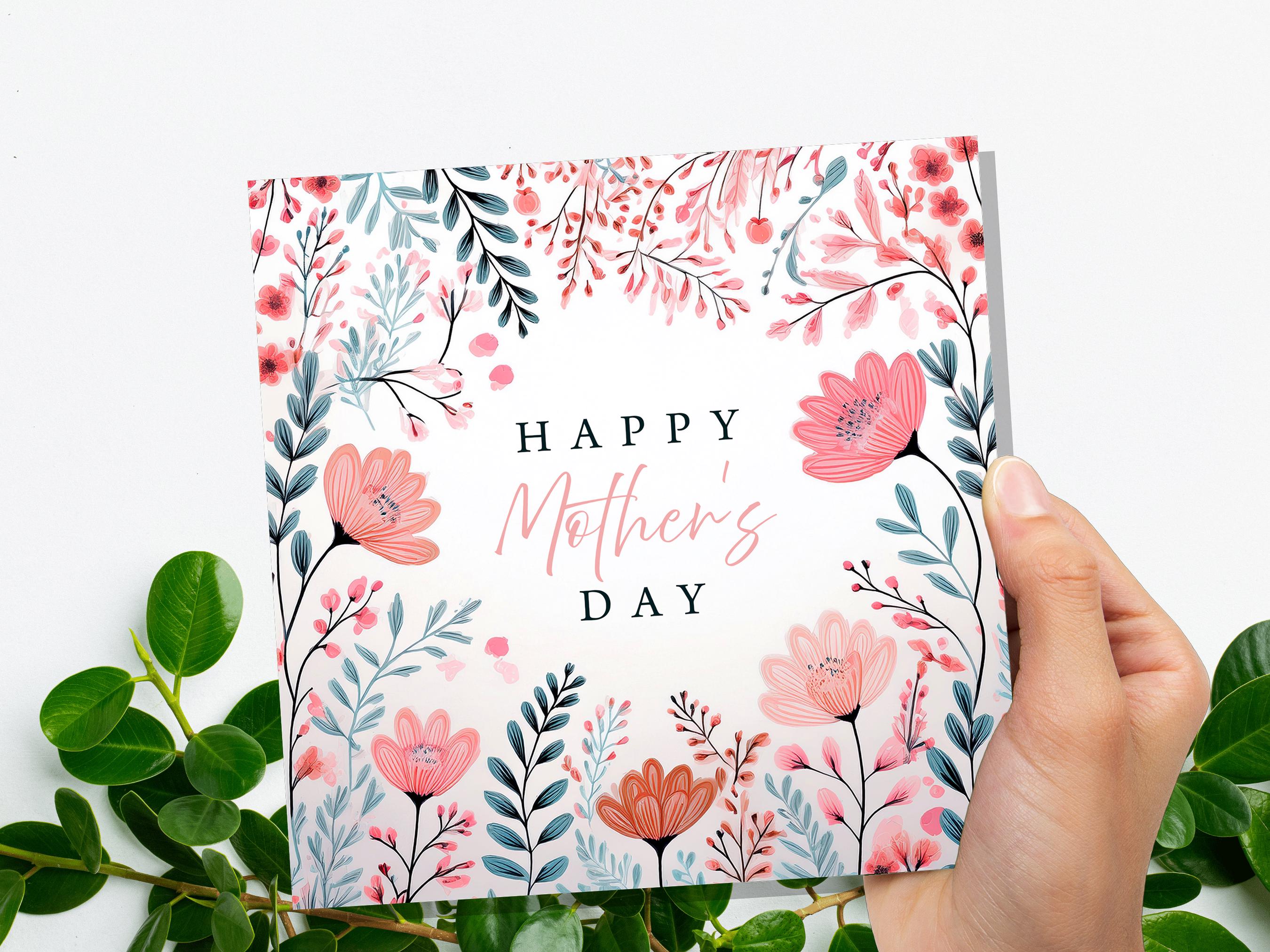 Happy Mother's Day Card Elegant Pink and Mint Flowers Modern Botanical Art For Mum Eco Friendly Pretty Painted Floral Garden Leaves Border