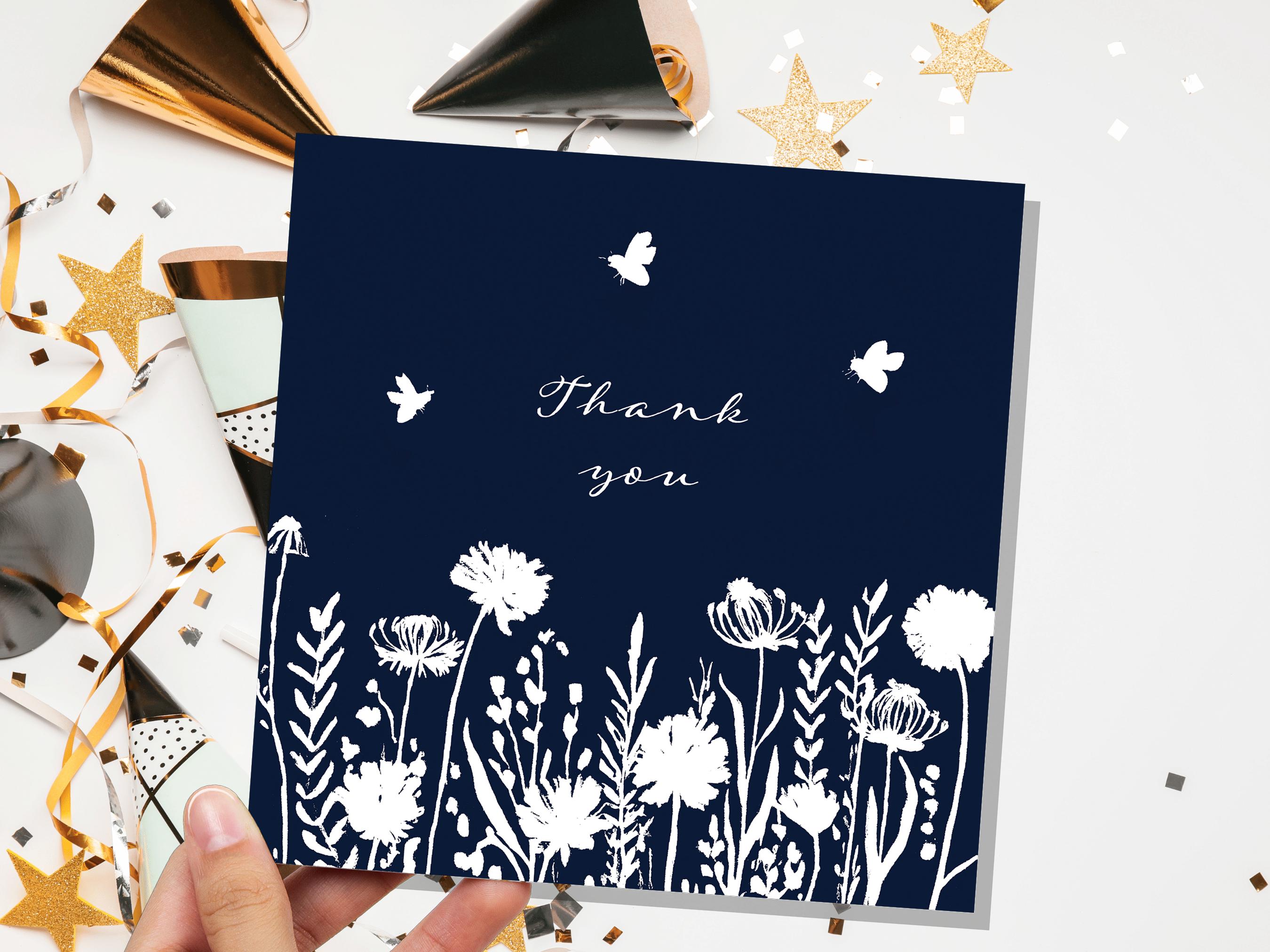 Navy Blue Wildflower Thank You Card Elegant Botanical Bees Silhouette Design Eco Friendly Thank You Cards for Wedding Guests Simple Floral - View 7