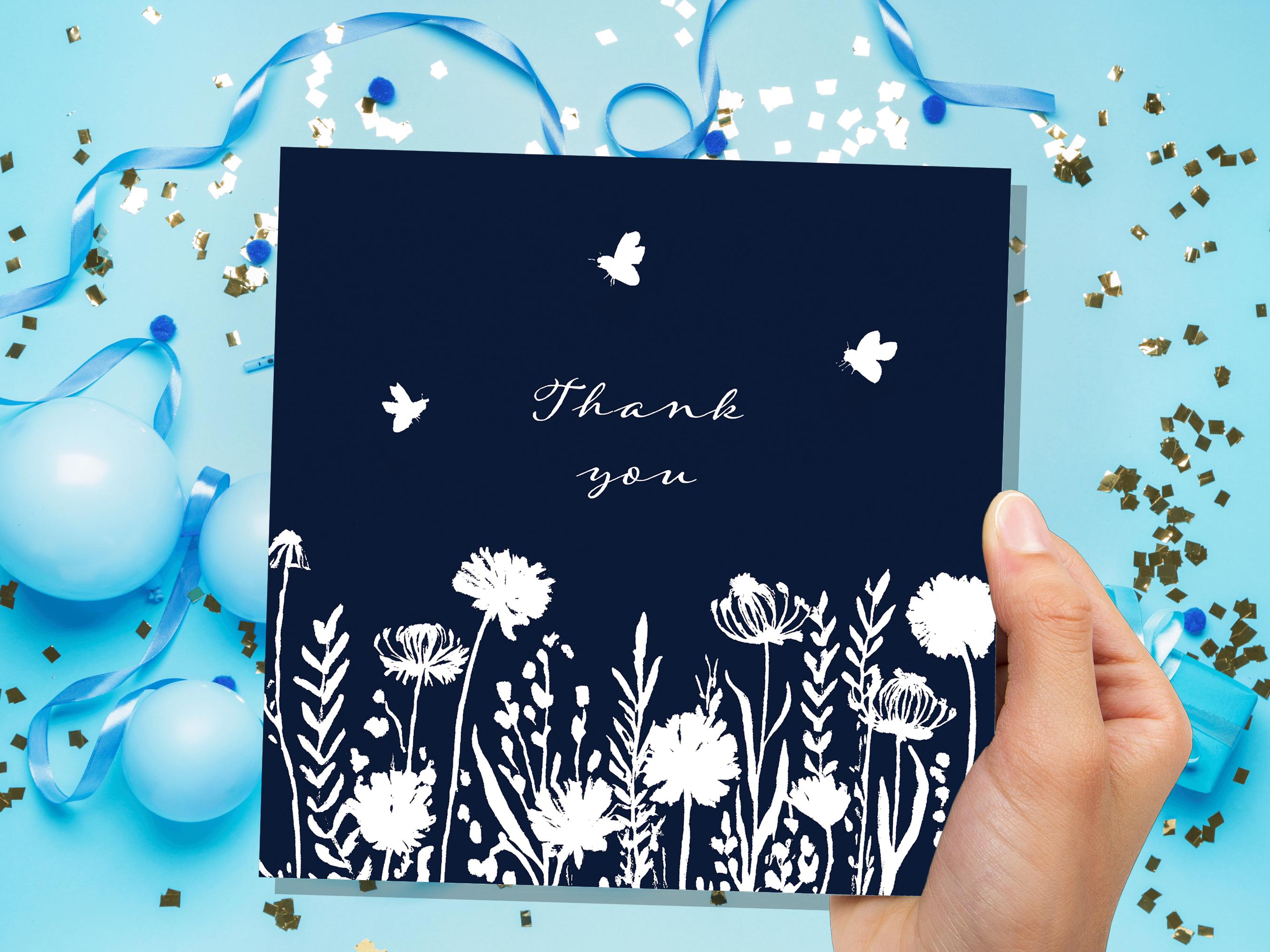 Navy Blue Wildflower Thank You Card Elegant Botanical Bees Silhouette Design Eco Friendly Thank You Cards for Wedding Guests Simple Floral - View 9