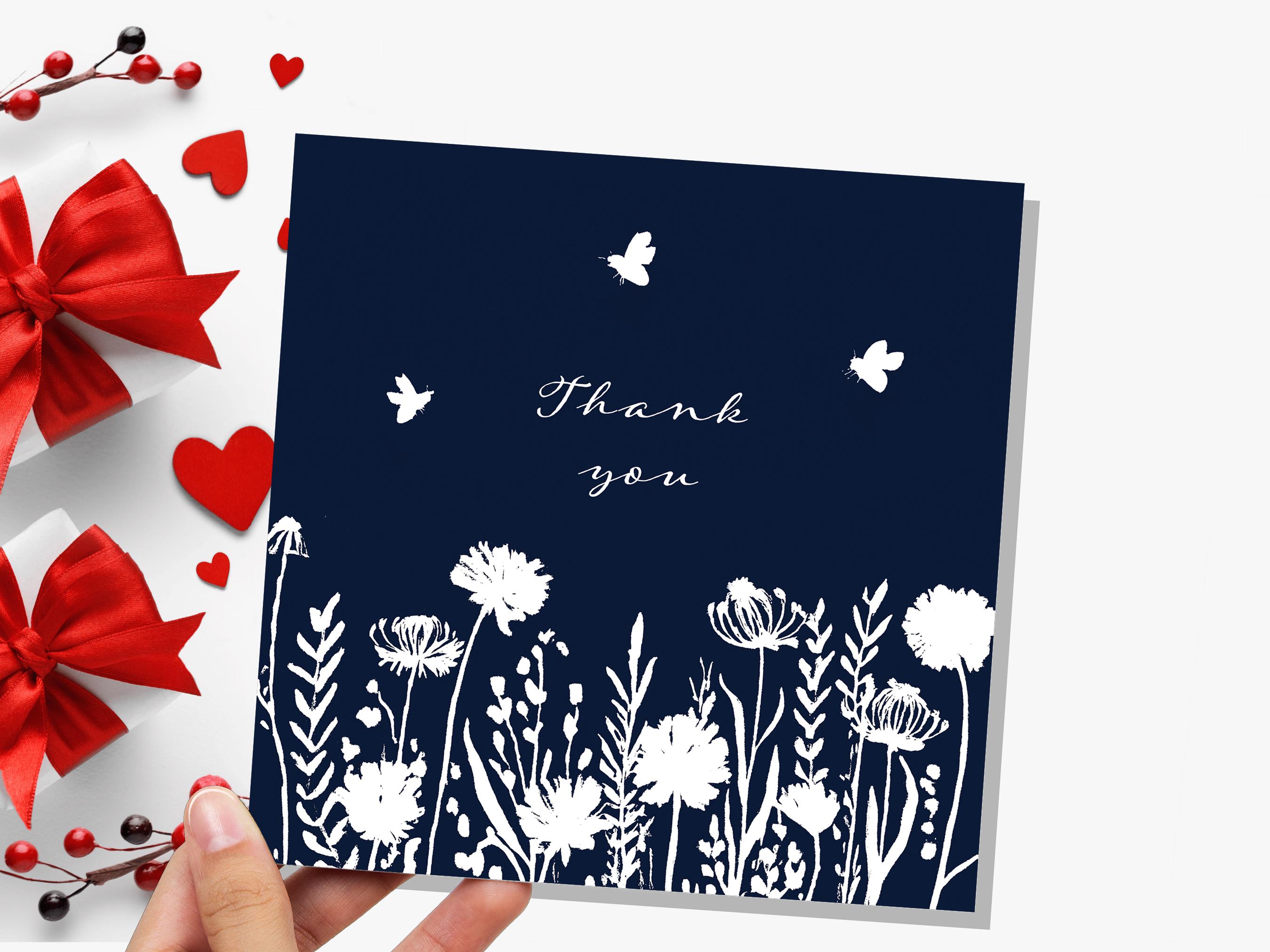 Navy Blue Wildflower Thank You Card Elegant Botanical Bees Silhouette Design Eco Friendly Thank You Cards for Wedding Guests Simple Floral