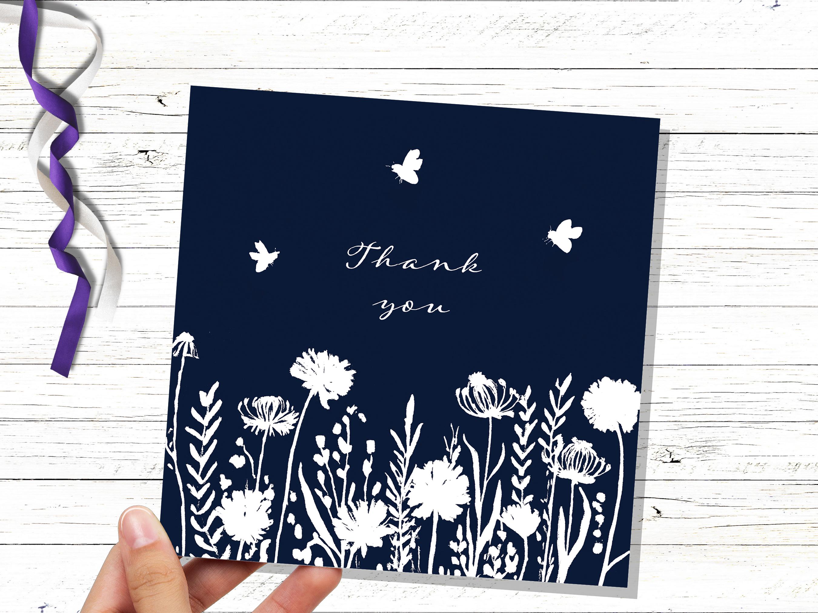 Navy Blue Wildflower Thank You Card Elegant Botanical Bees Silhouette Design Eco Friendly Thank You Cards for Wedding Guests Simple Floral - View 6