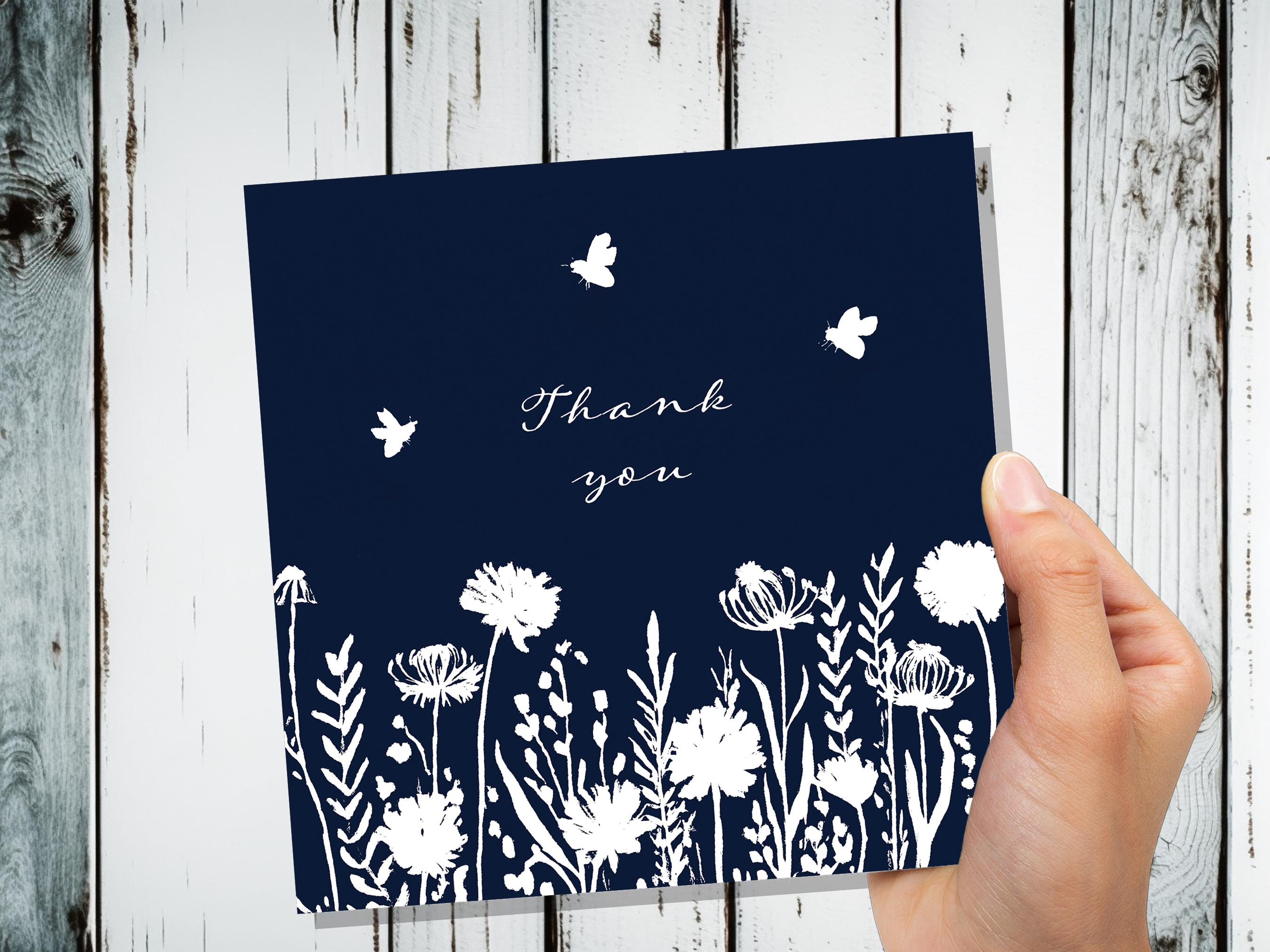Navy Blue Wildflower Thank You Card Elegant Botanical Bees Silhouette Design Eco Friendly Thank You Cards for Wedding Guests Simple Floral - View 2