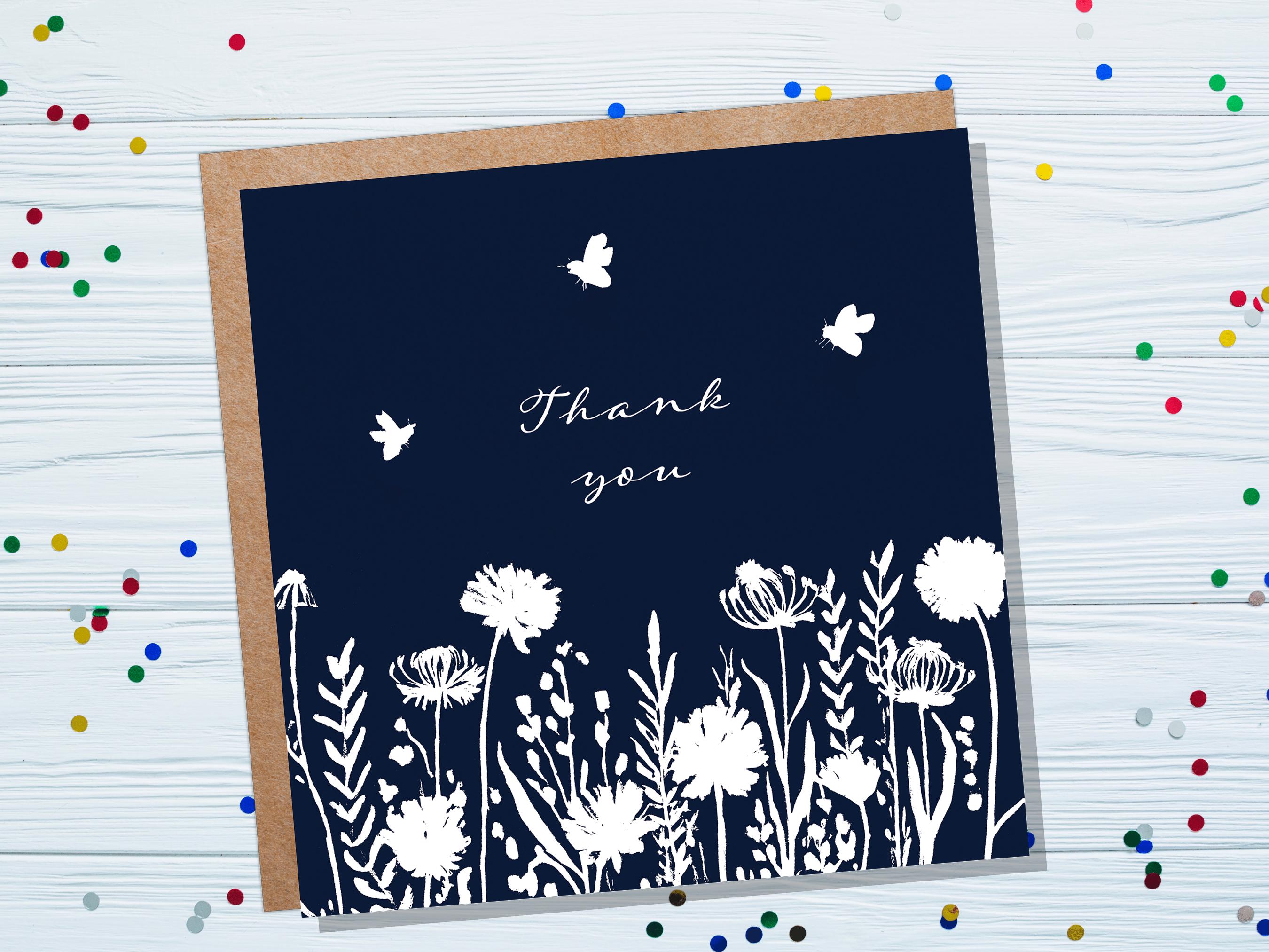 Navy Blue Wildflower Thank You Card Elegant Botanical Bees Silhouette Design Eco Friendly Thank You Cards for Wedding Guests Simple Floral - View 3