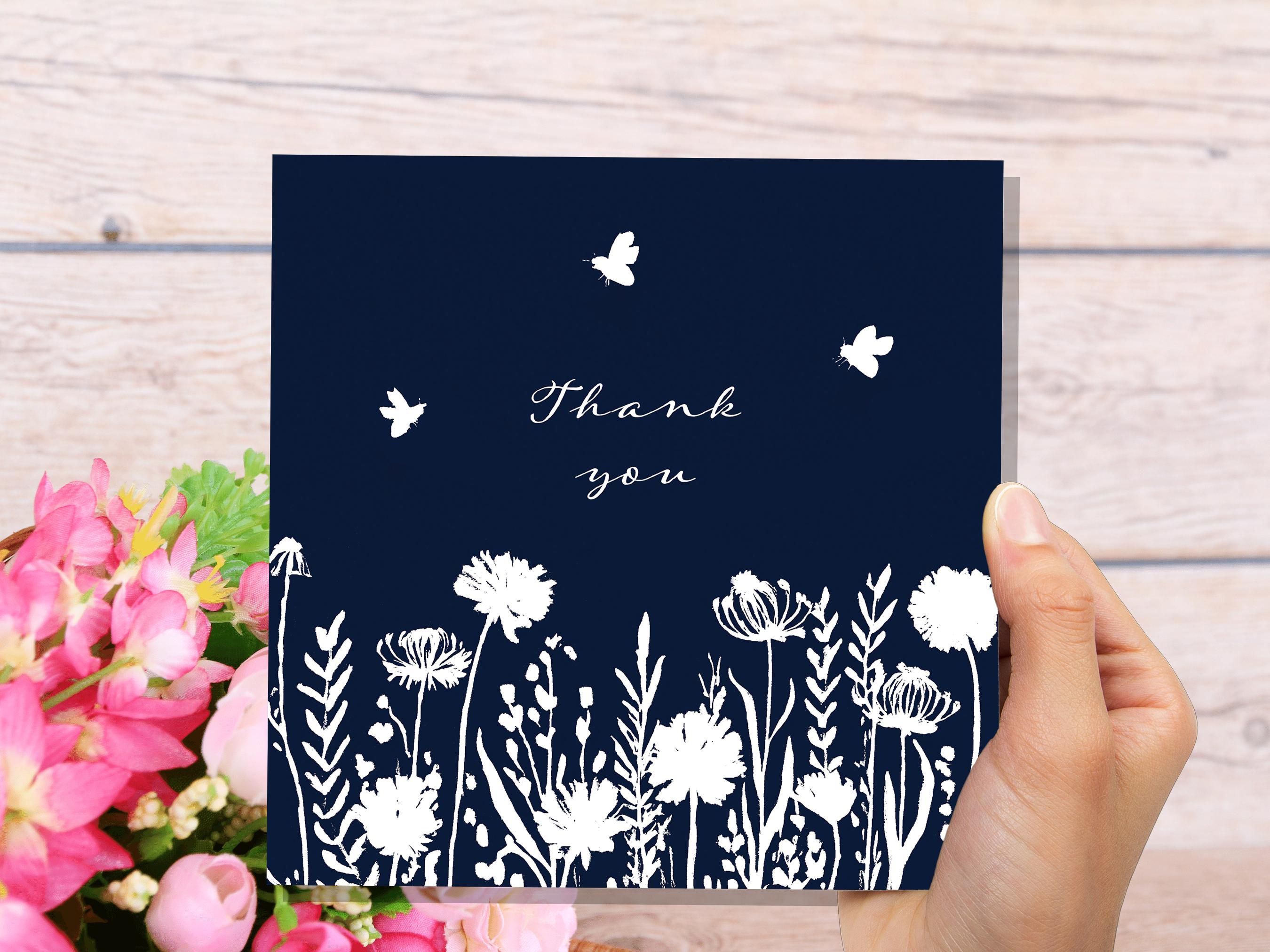 Navy Blue Wildflower Thank You Card Elegant Botanical Bees Silhouette Design Eco Friendly Thank You Cards for Wedding Guests Simple Floral - View 5