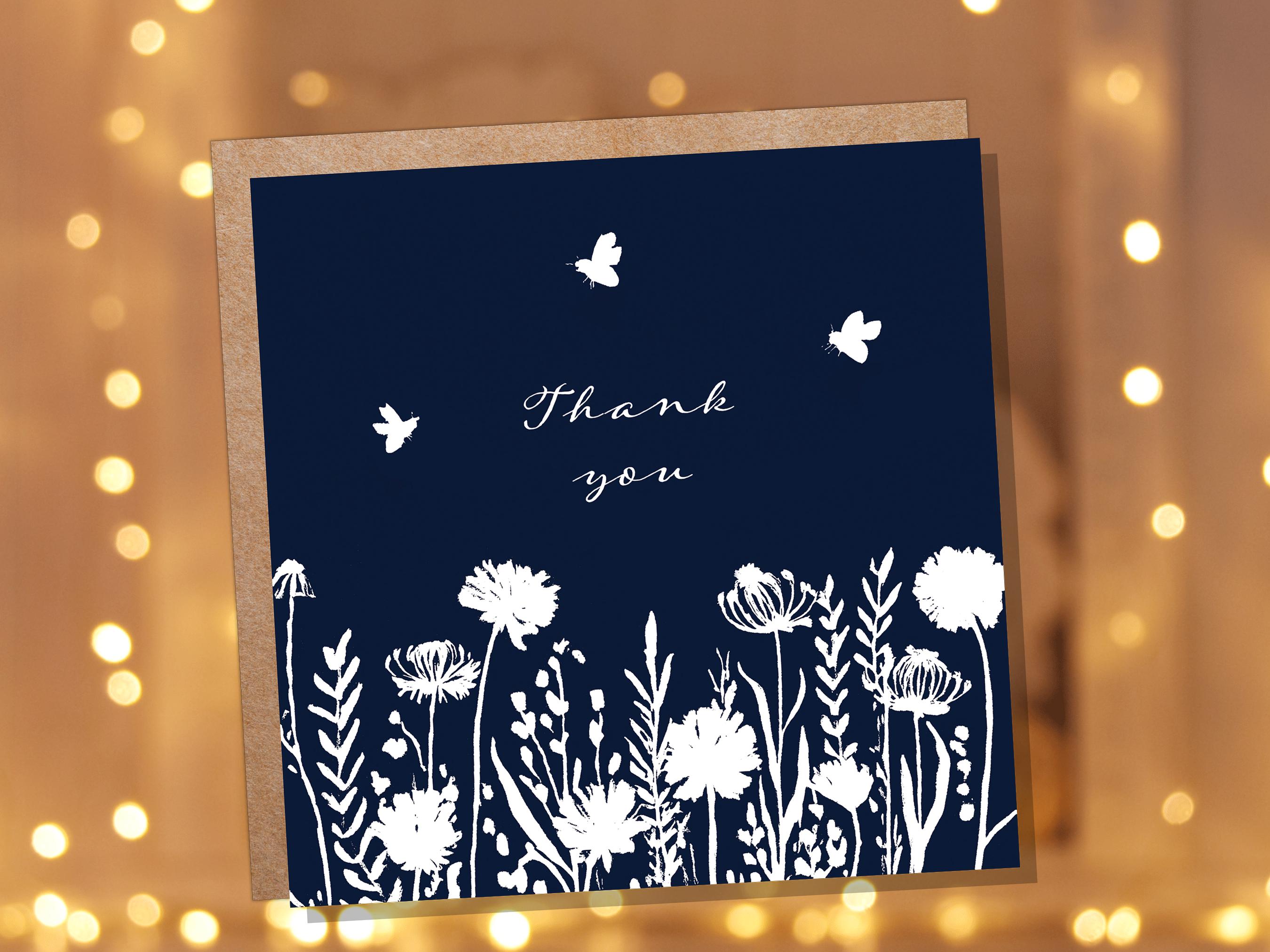 Navy Blue Wildflower Thank You Card Elegant Botanical Bees Silhouette Design Eco Friendly Thank You Cards for Wedding Guests Simple Floral - View 8