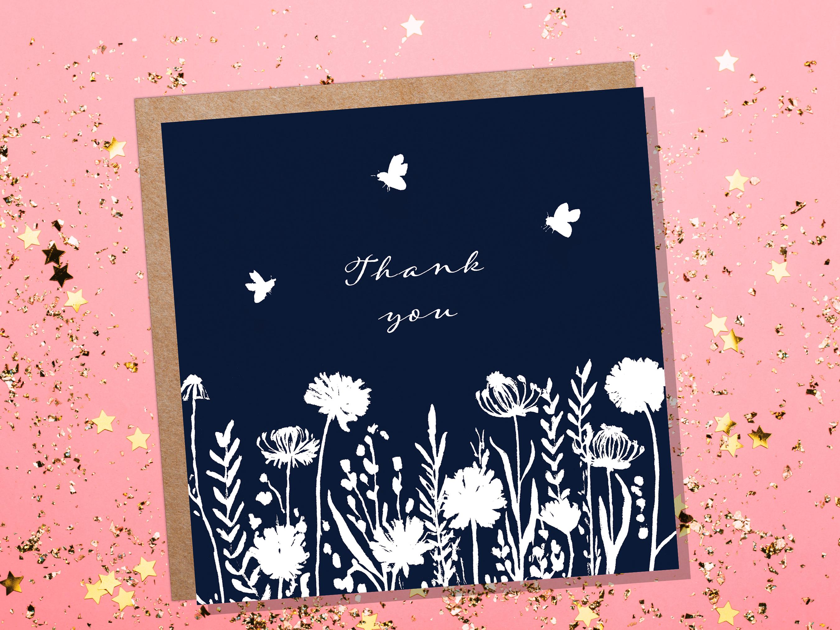 Navy Blue Wildflower Thank You Card Elegant Botanical Bees Silhouette Design Eco Friendly Thank You Cards for Wedding Guests Simple Floral - View 4