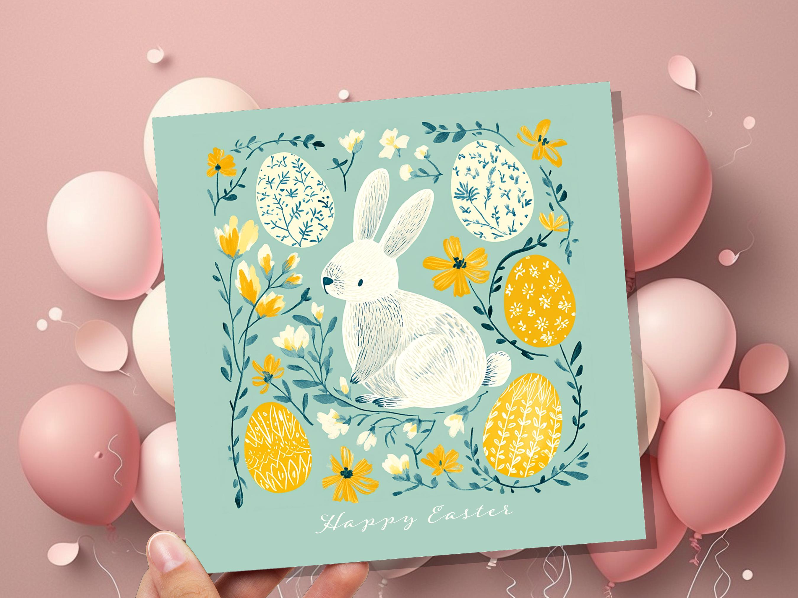 White Bunny and Easter Eggs Card with Happy Easter Greeting For Family and Friends Eco Friendly Folk Art Art Mint & Yellow 1, 5, or, 10 Pack - View 5