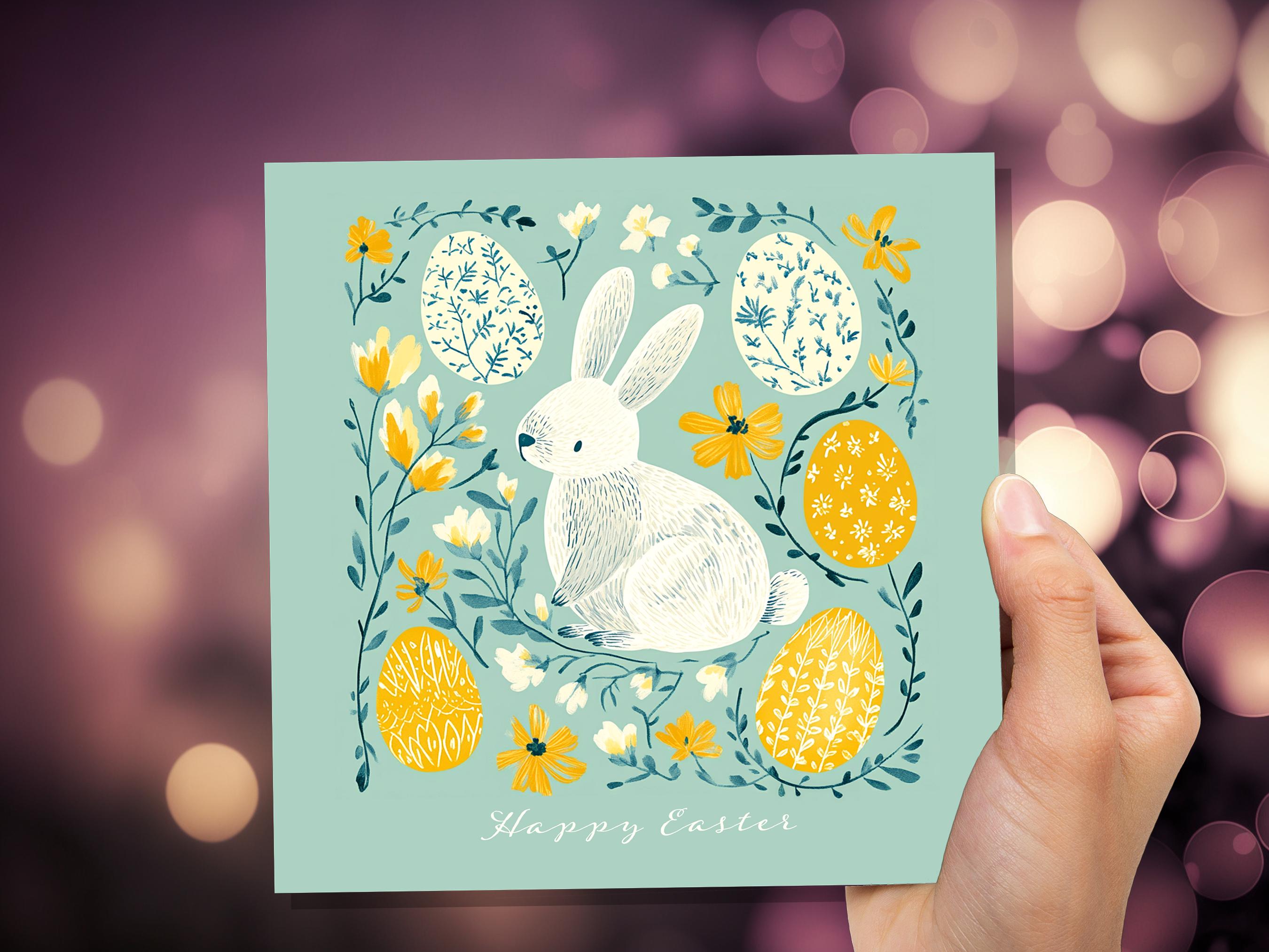 White Bunny and Easter Eggs Card with Happy Easter Greeting For Family and Friends Eco Friendly Folk Art Art Mint & Yellow 1, 5, or, 10 Pack - View 6