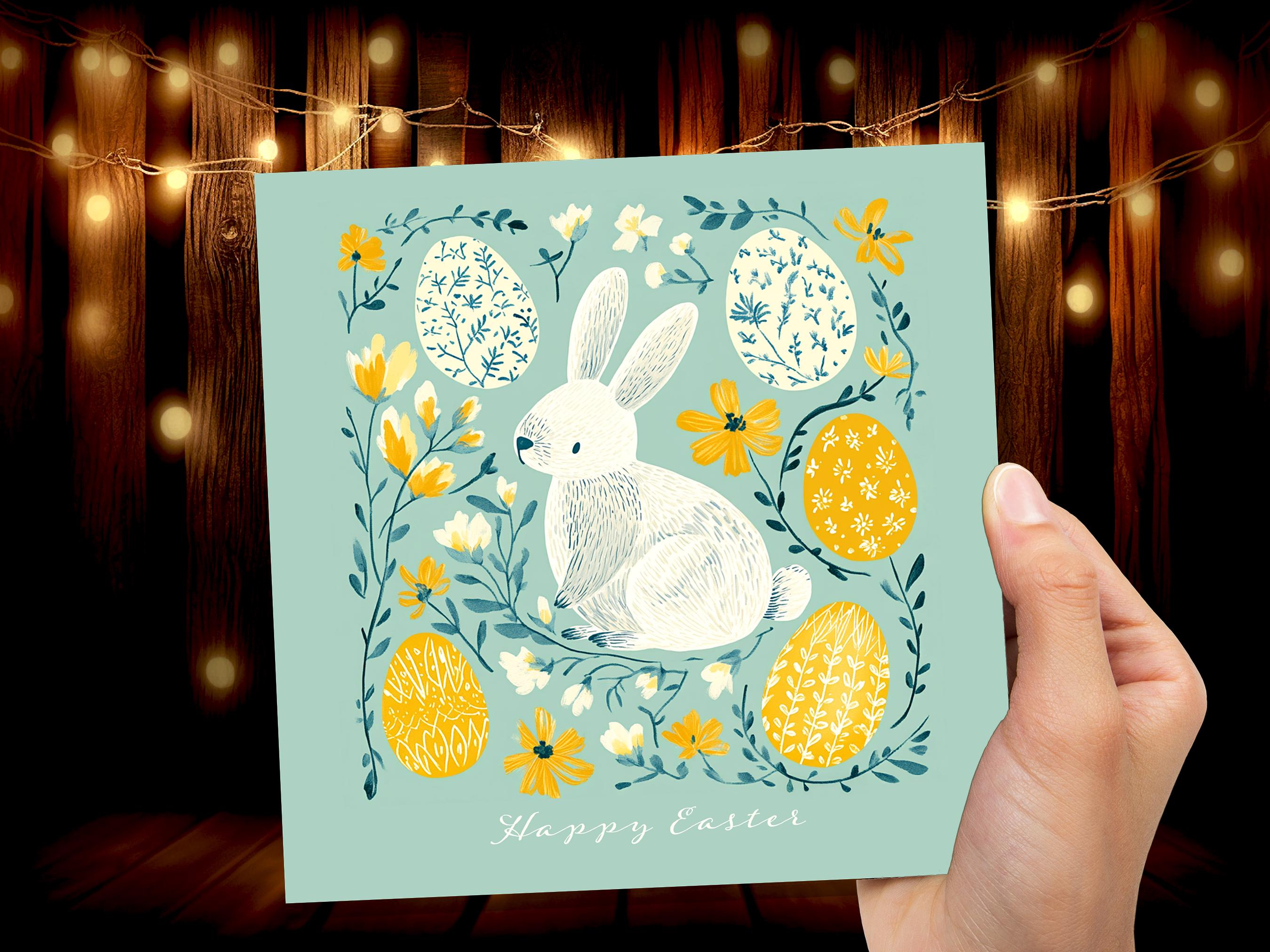 White Bunny and Easter Eggs Card with Happy Easter Greeting For Family and Friends Eco Friendly Folk Art Art Mint & Yellow 1, 5, or, 10 Pack - View 8