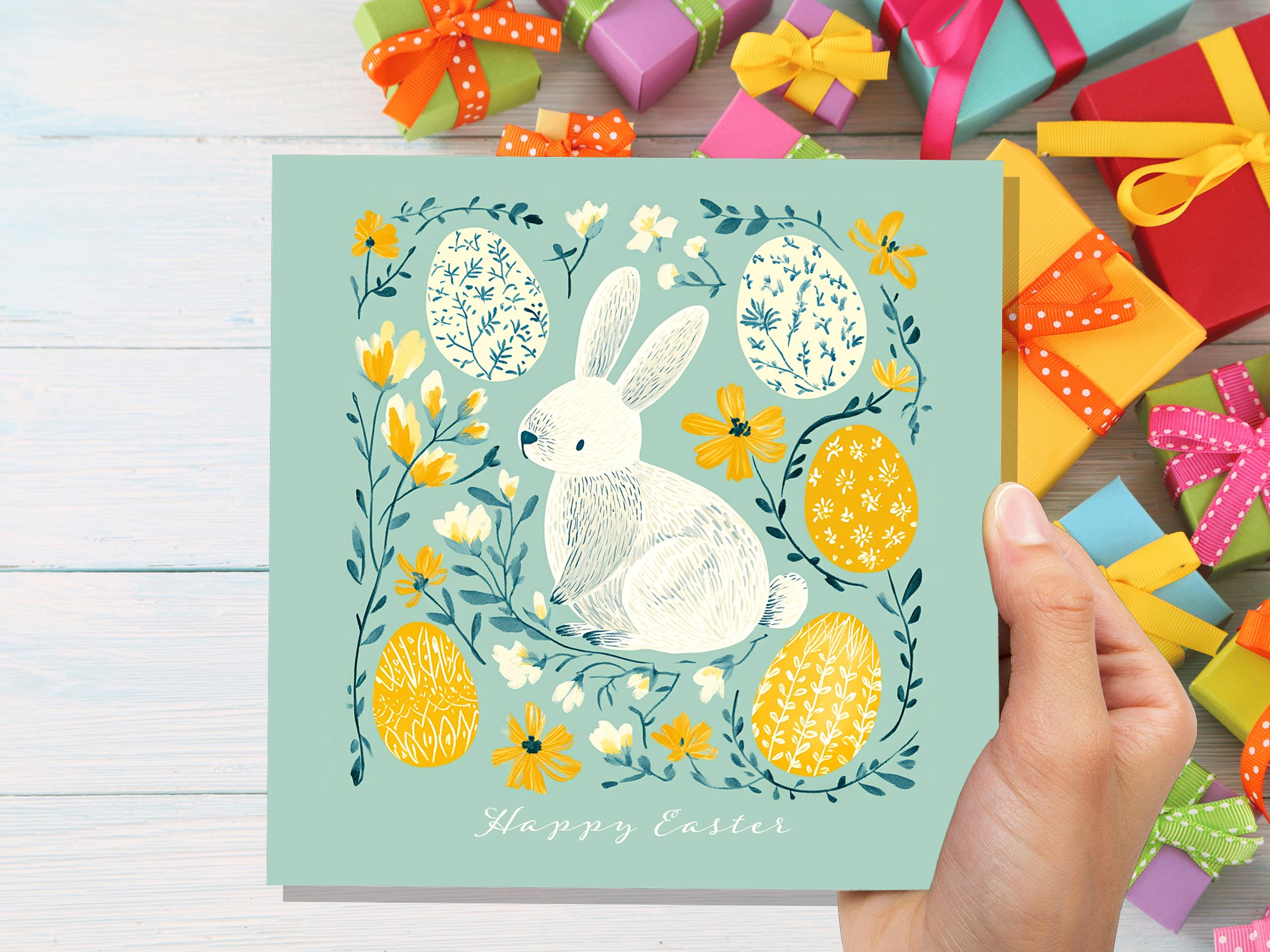 White Bunny and Easter Eggs Card with Happy Easter Greeting For Family and Friends Eco Friendly Folk Art Art Mint & Yellow 1, 5, or, 10 Pack - View 7