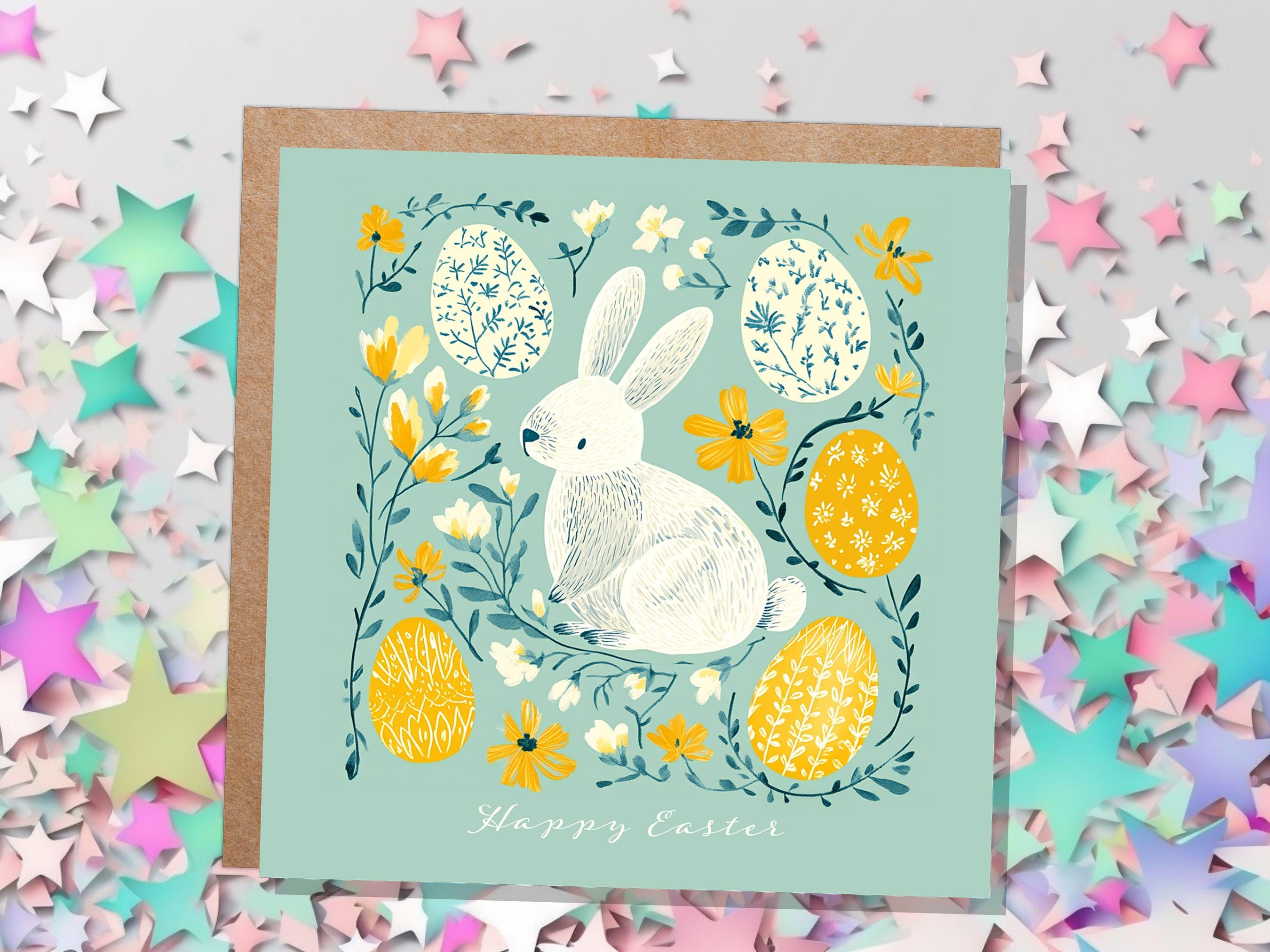 White Bunny and Easter Eggs Card with Happy Easter Greeting For Family and Friends Eco Friendly Folk Art Art Mint & Yellow 1, 5, or, 10 Pack - View 2