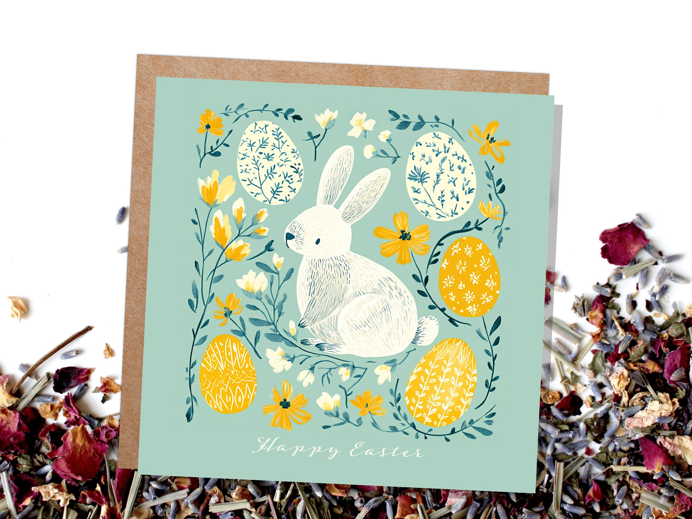 White Bunny and Easter Eggs Card with Happy Easter Greeting For Family and Friends Eco Friendly Folk Art Art Mint & Yellow 1, 5, or, 10 Pack - View 9