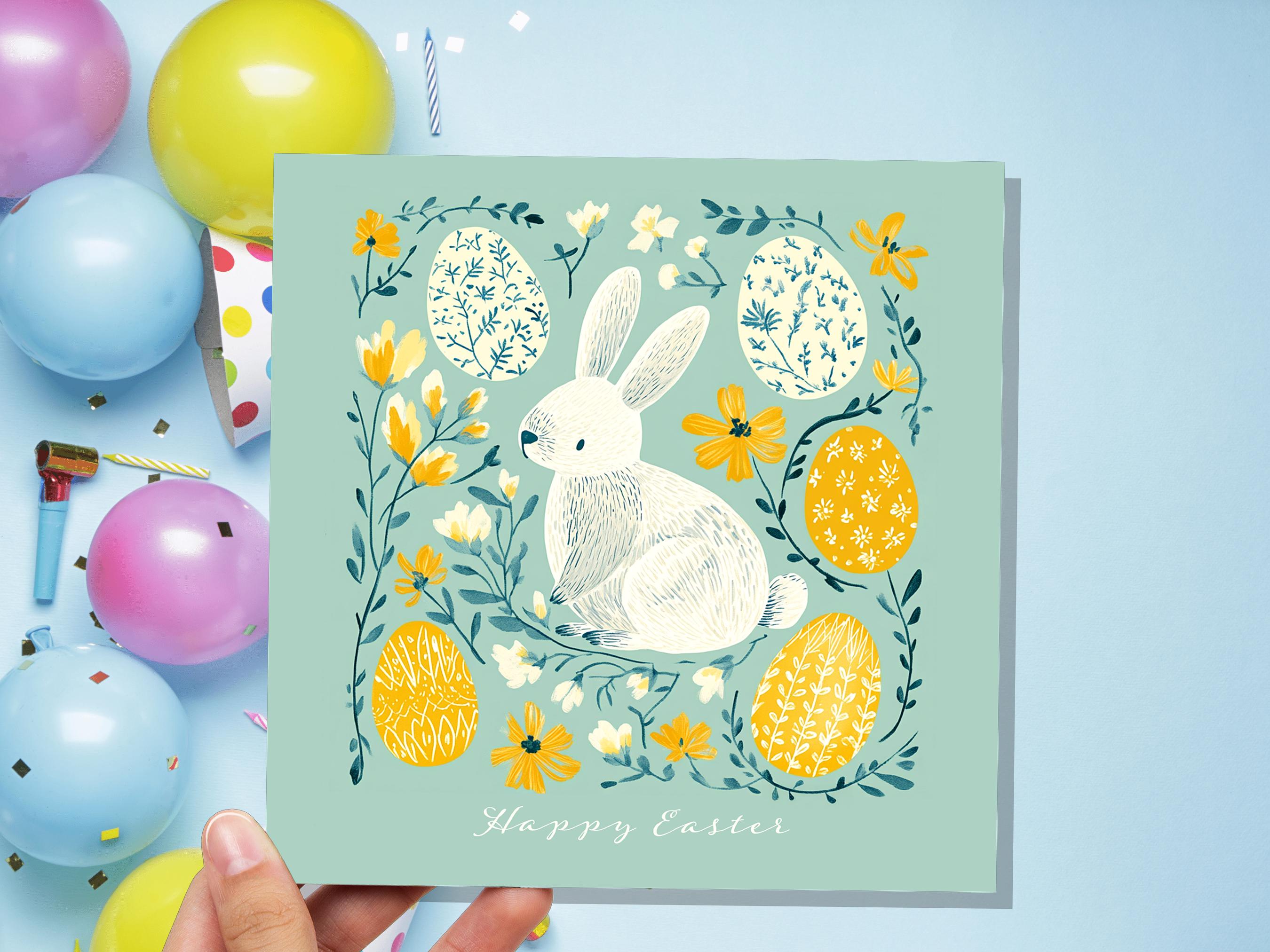 White Bunny and Easter Eggs Card with Happy Easter Greeting For Family and Friends Eco Friendly Folk Art Art Mint & Yellow 1, 5, or, 10 Pack - View 3
