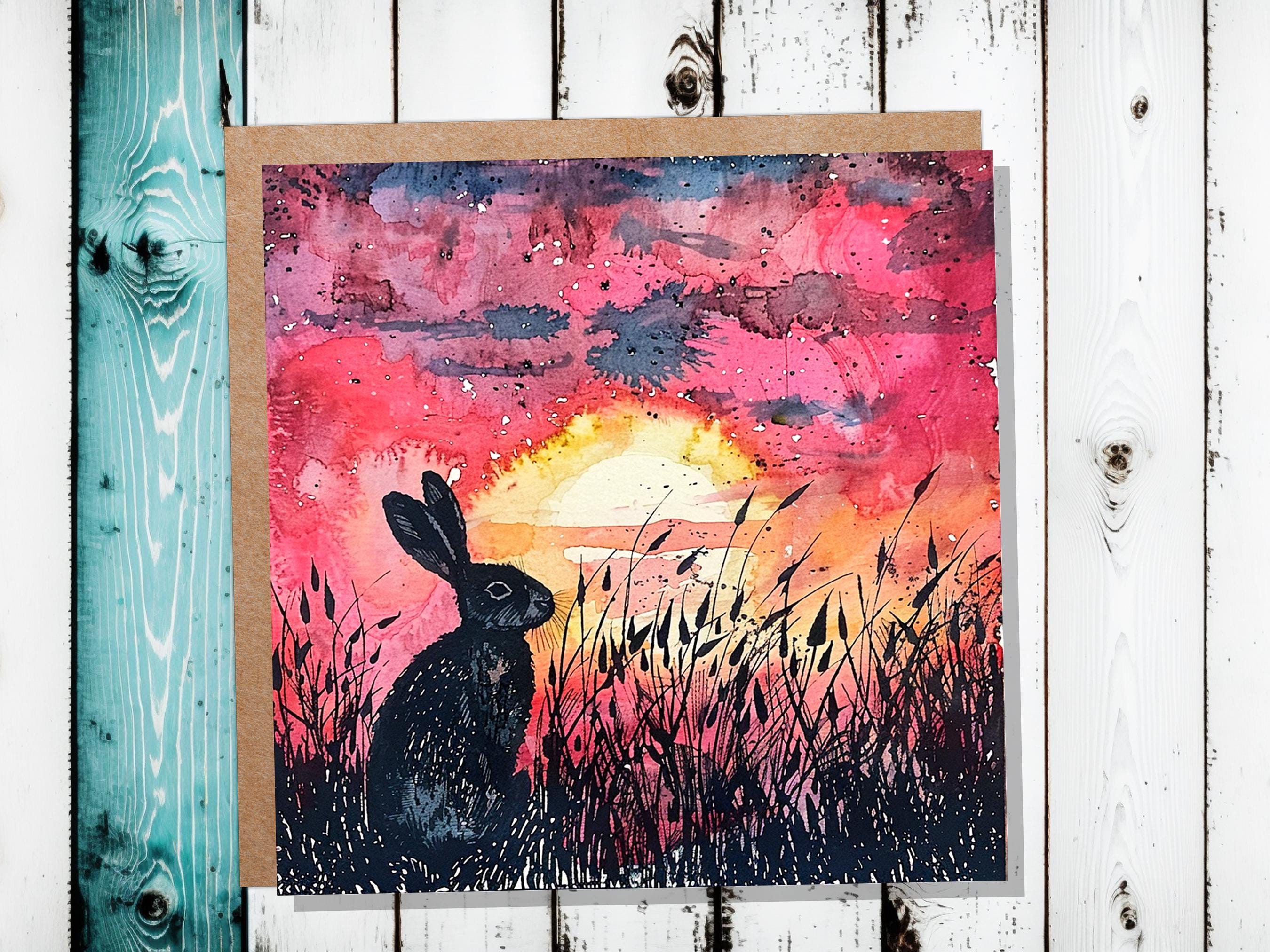 Sunset Rabbit Silhouette Easter Card Wildflowers Nature Art For Countryside Lovers Watercolour Summer Scene Eco Friendly Bright Pink Hare - View 3